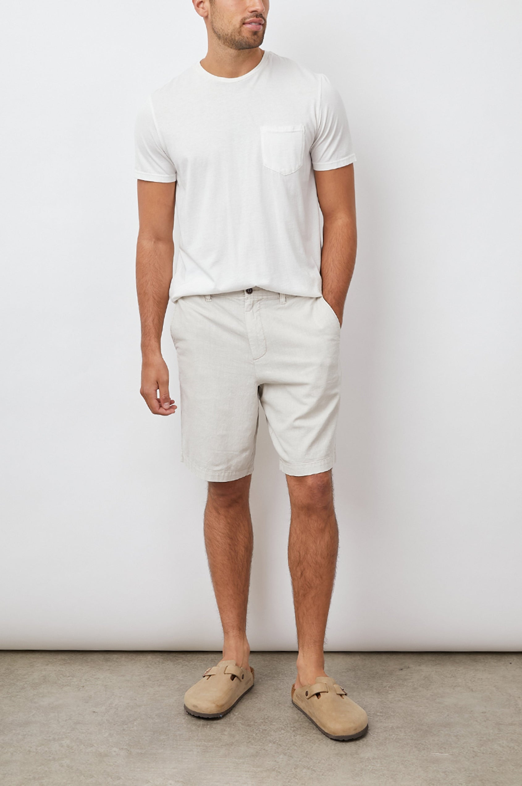 Boden Knee-Length Shorts with Belt Loops, Two Front Pockets and Two Back Button Welt Pockets in Stone Colorway - Front Full Body View Featured on Model