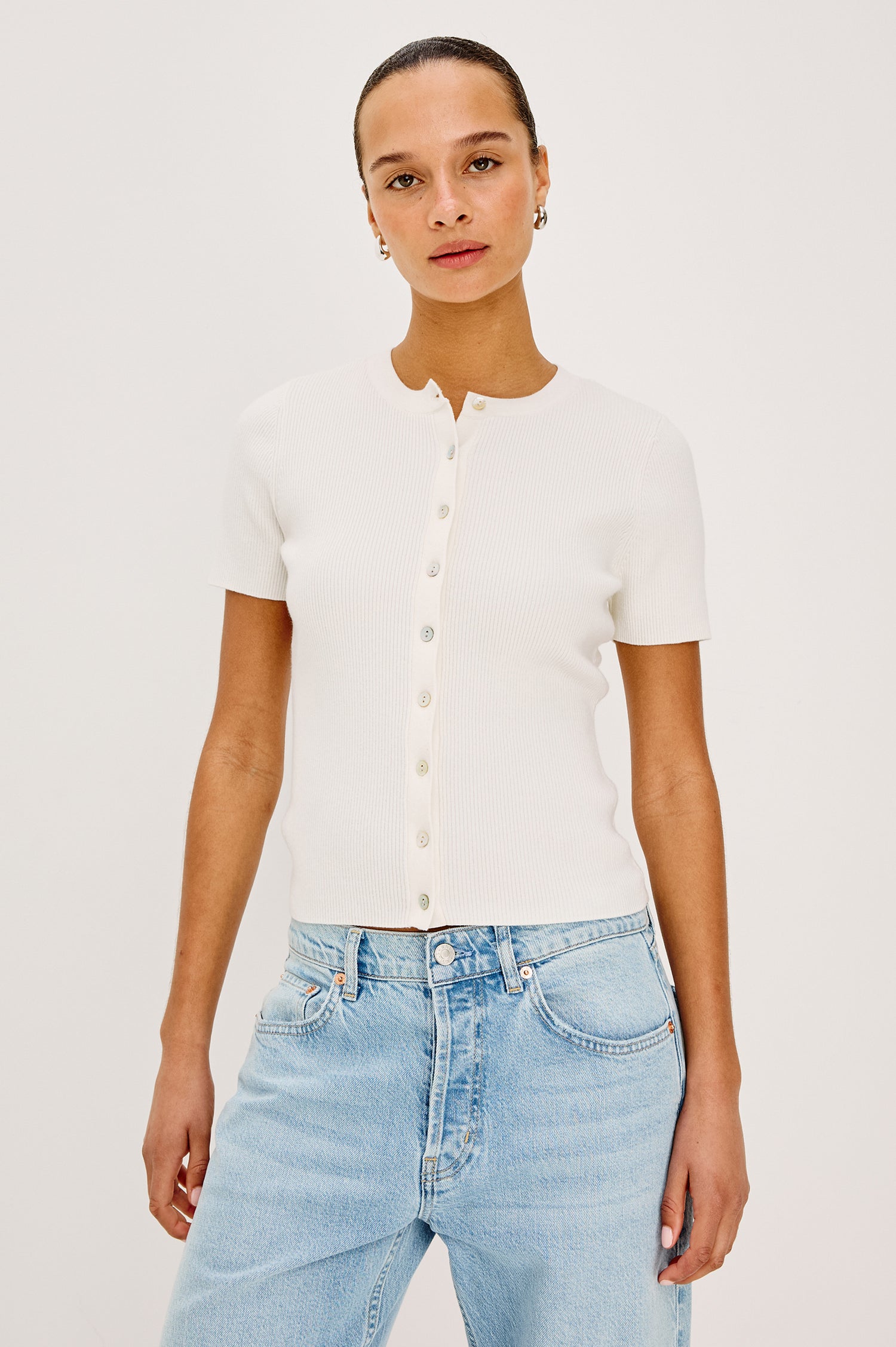 Bonnie Top in Ribbed Cotton With Crew Neckline, Short Sleeves, Front Buttons, and Classic Fit in Ivory Colorway - Upper Body Front View Featured on Model