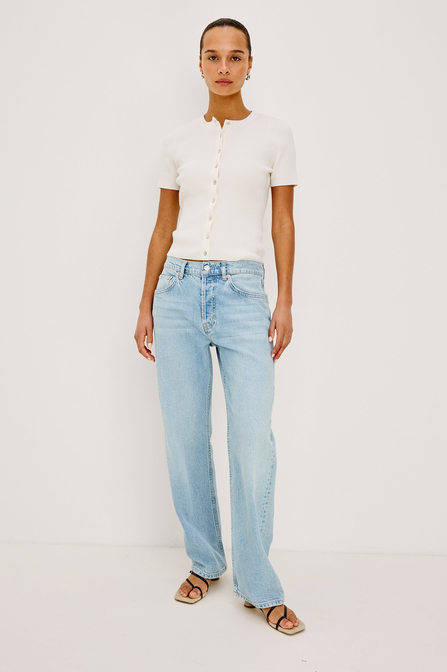 Bonnie Top in Ribbed Cotton With Crew Neckline, Short Sleeves, Front Buttons, and Classic Fit in Ivory Colorway - Full Body Front View Featured on Model