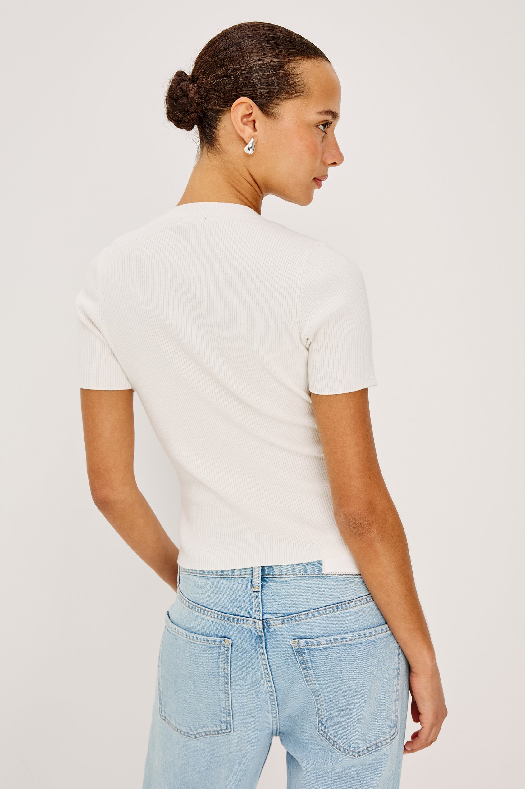 Bonnie Top in Ribbed Cotton With Crew Neckline, Short Sleeves, Front Buttons, and Classic Fit in Ivory Colorway - Upper Body Back View Featured on Model