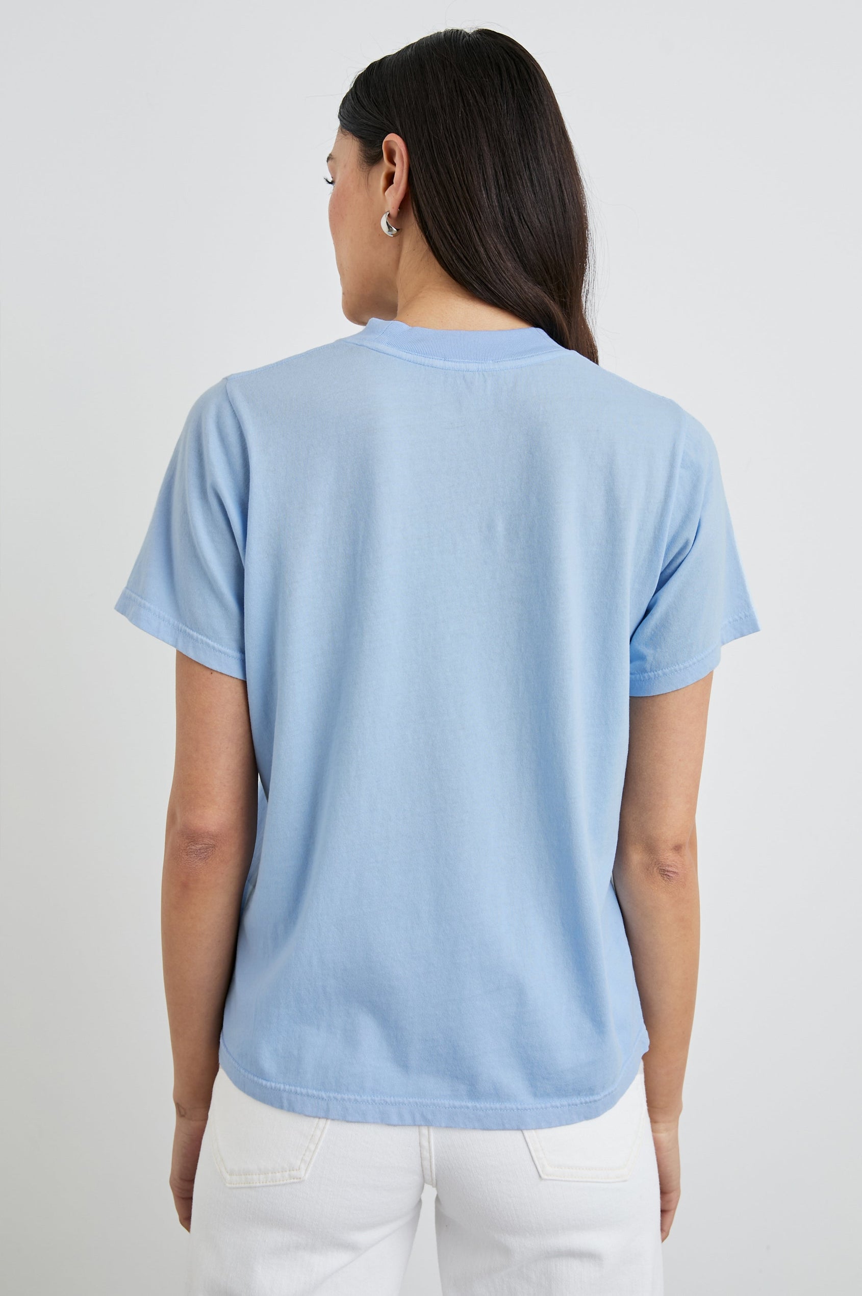 Boyfriend T-Shirt with a Crew Neck, photographs of Los Angeles and the text, Greetings From Rails Los Angeles in Rails Los Angeles Blue Colorway, with text in Blue and White - Back View Featured on Model