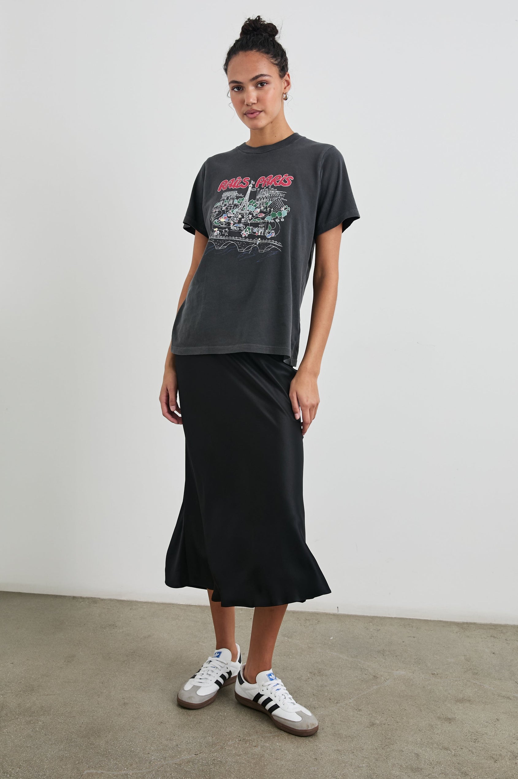 Boyfriend T-Shirt with a Crew Neck, Paris Images and the text, Rails Paris in Rails Paris Colorway, with text and images in mostly Pink and white on Black - Front Full Body View Featured on Model