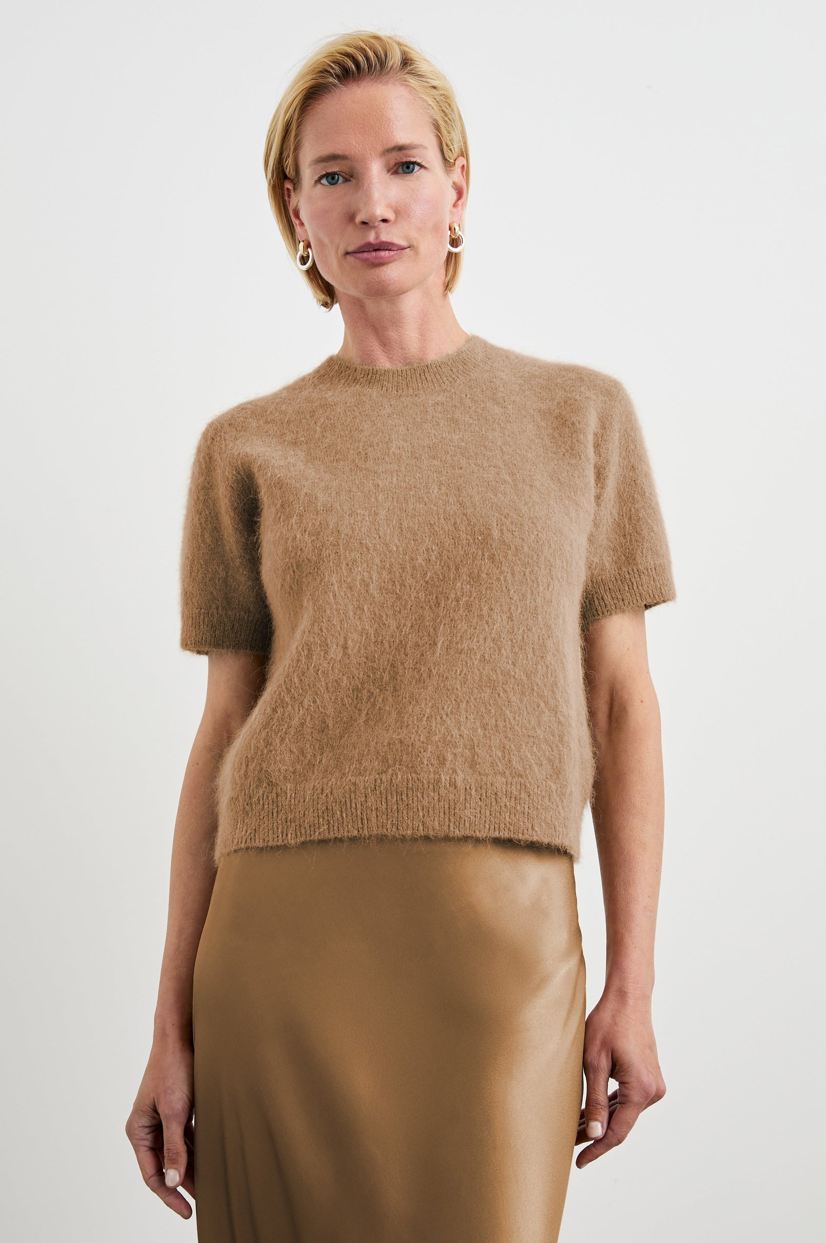 Briar Short-Sleeve Top with a Crew Neck and Ribbed Trim in Camel Colorway - Front View Featured on Model