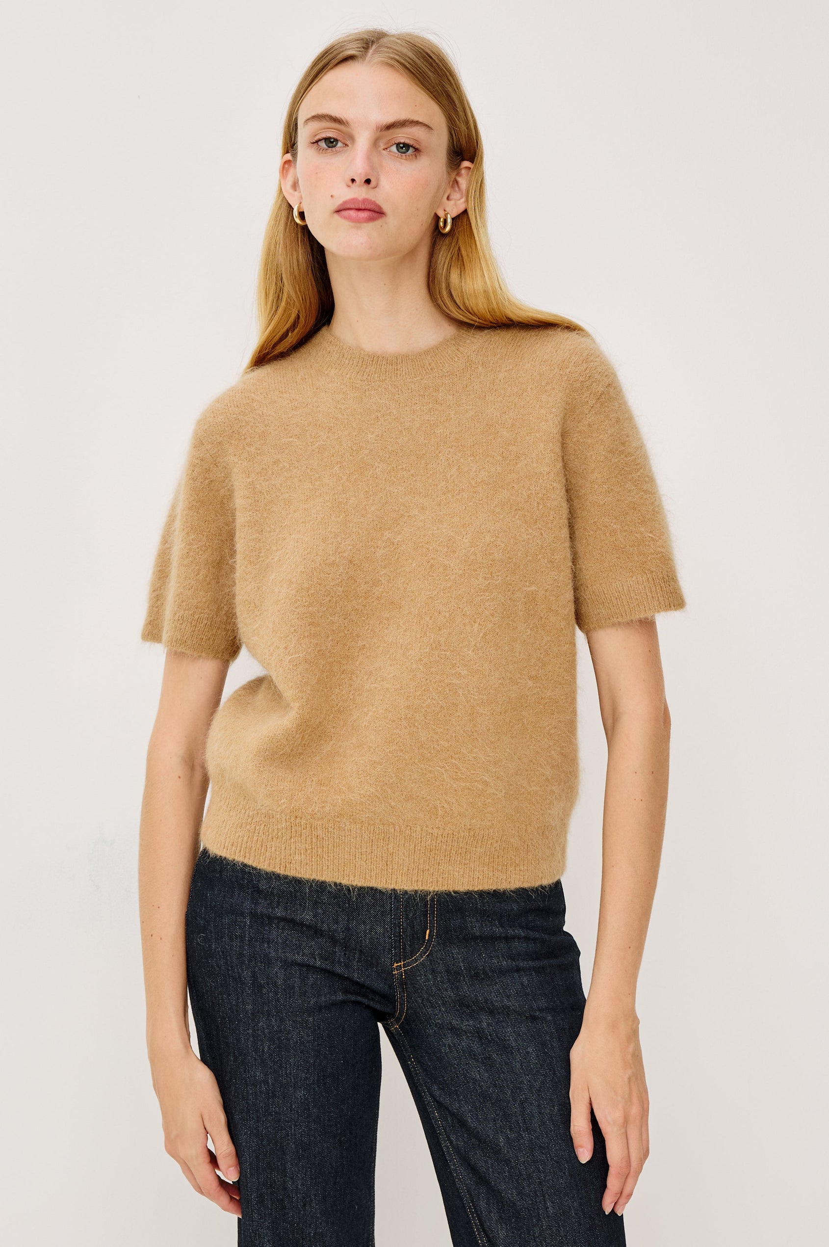 Briar Short-Sleeve Top with a Crew Neck and Ribbed Trim in Camel Colorway - Front View Featured on Model