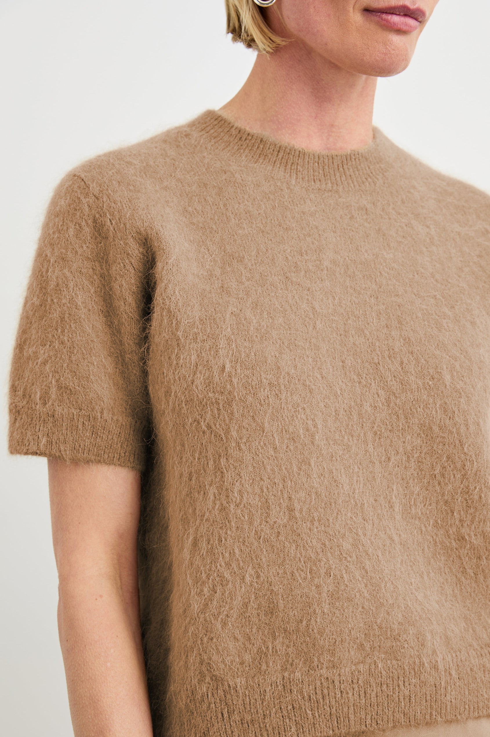 Briar Short-Sleeve Top with a Crew Neck and Ribbed Trim in Camel Colorway - Front View Featured on Model