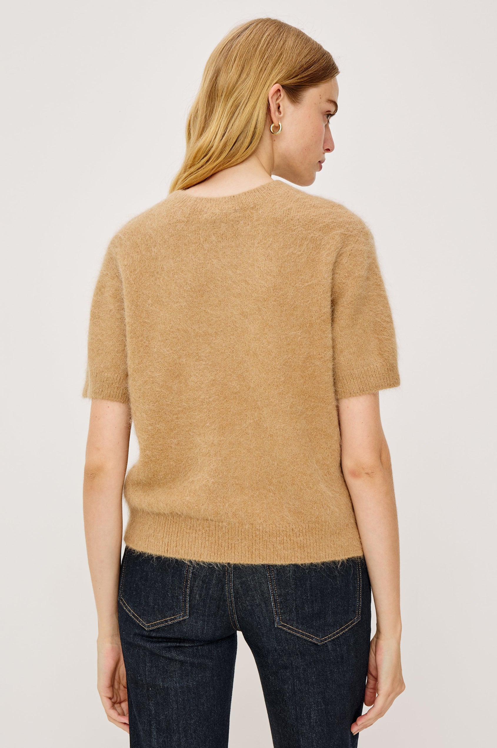 Briar Short-Sleeve Top with a Crew Neck and Ribbed Trim in Camel Colorway - Back View Featured on Model