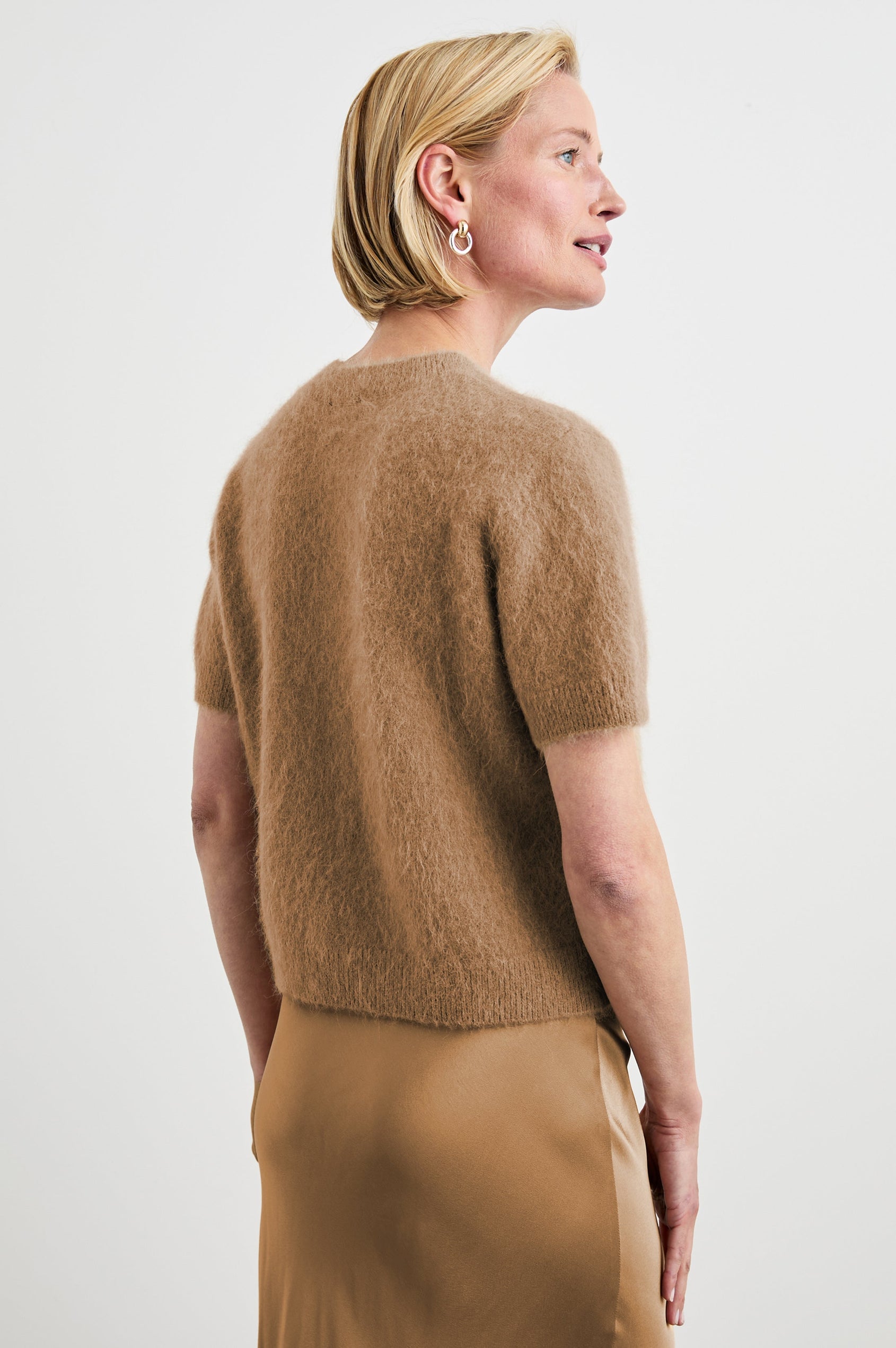 Briar Short-Sleeve Top with a Crew Neck and Ribbed Trim in Camel Colorway - Back View Featured on Model