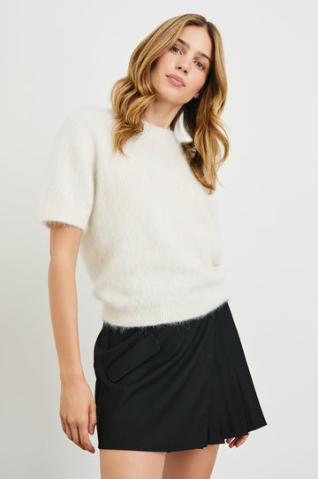 Briar Short-Sleeve Top with a Crew Neck and Ribbed Trim in White Colorway - Front View Featured on Model