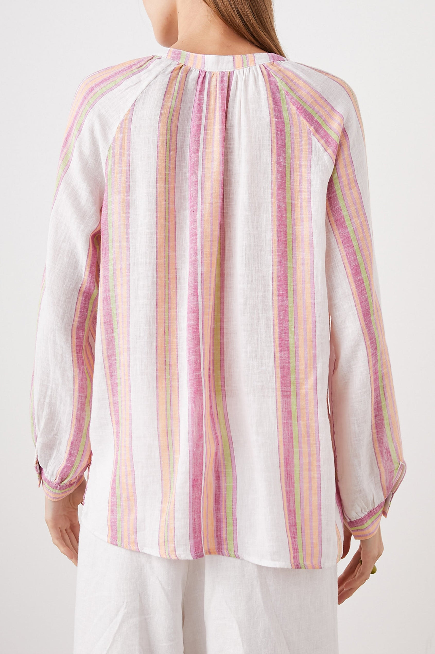 Brielle Long-Sleeve Top with a Deep V Neck with Ties and Pleats around the Neckline in Hibiscus Stripe Colorway, with vertical pinks, green and white stripes - Back View Featured on Model