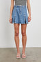 Broad denim flared mini skirt with dual pleats and adjustable fitted belt in Bristol - front view on model, lower half of body