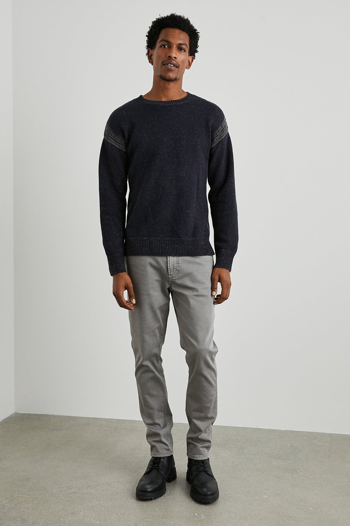 Bryce Long-Sleeve Sweater with a Crew Neck, Ribbed Trim in Navy Colorway, with White Speckles and Stitching at Shoulder Seams - Front Full Body View Featured on Model 