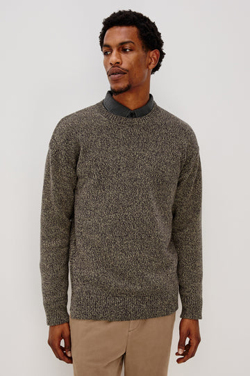 Bryce Long Sleeve Crewneck Sweater with Ribbed Collar and Cuffs in Navy Cedar Colorway. Front View Featured on Model.