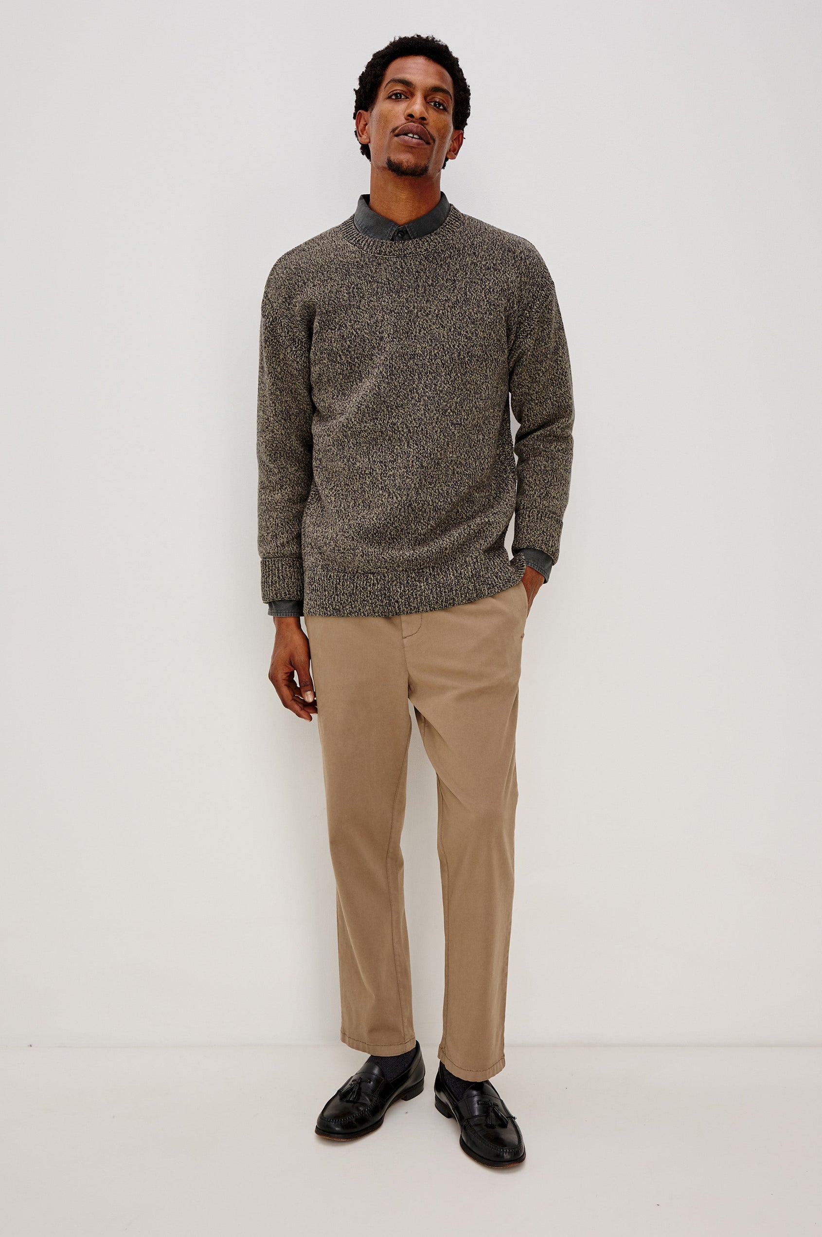 Bryce Long Sleeve Crewneck Sweater with Ribbed Collar and Cuffs in Navy Cedar Colorway. Front Full Body View Featured on Model.