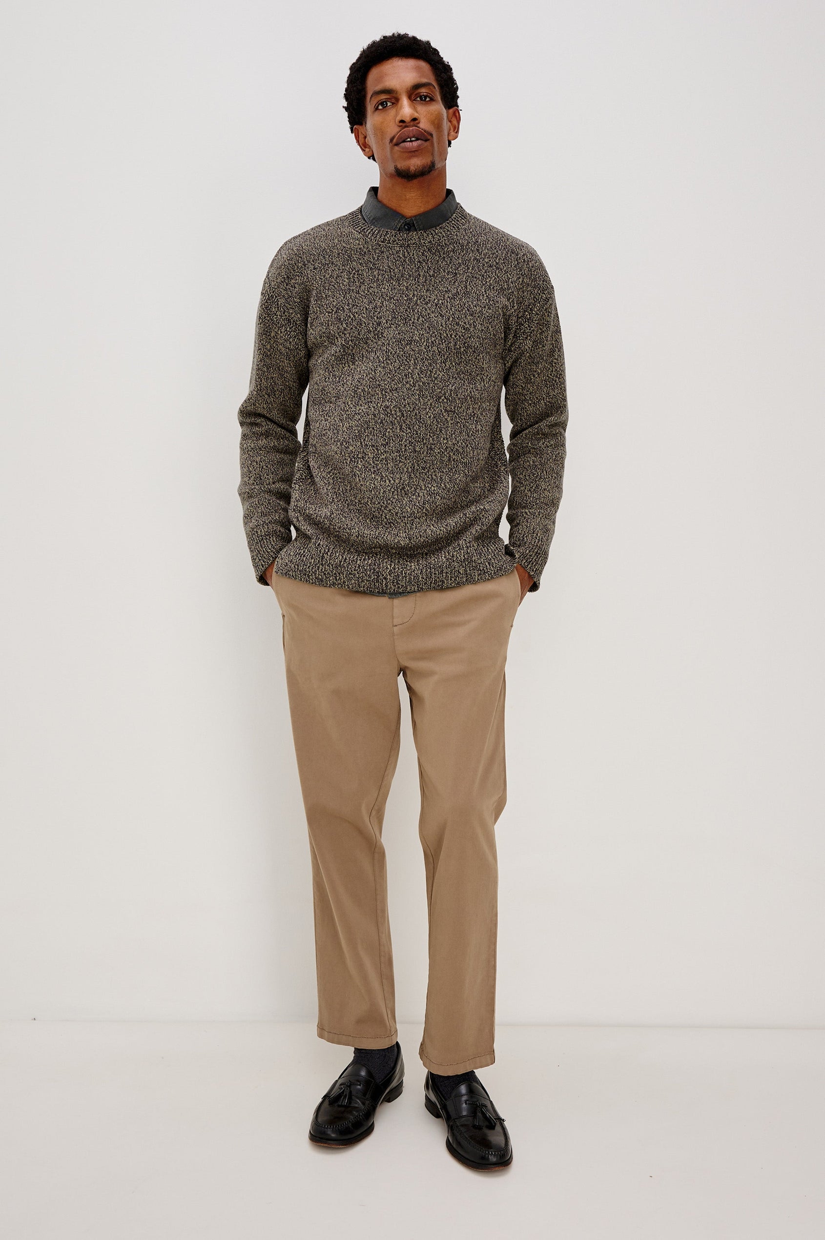 Bryce Long Sleeve Crewneck Sweater with Ribbed Collar and Cuffs in Navy Cedar Colorway. Front Full Body View Featured on Model.