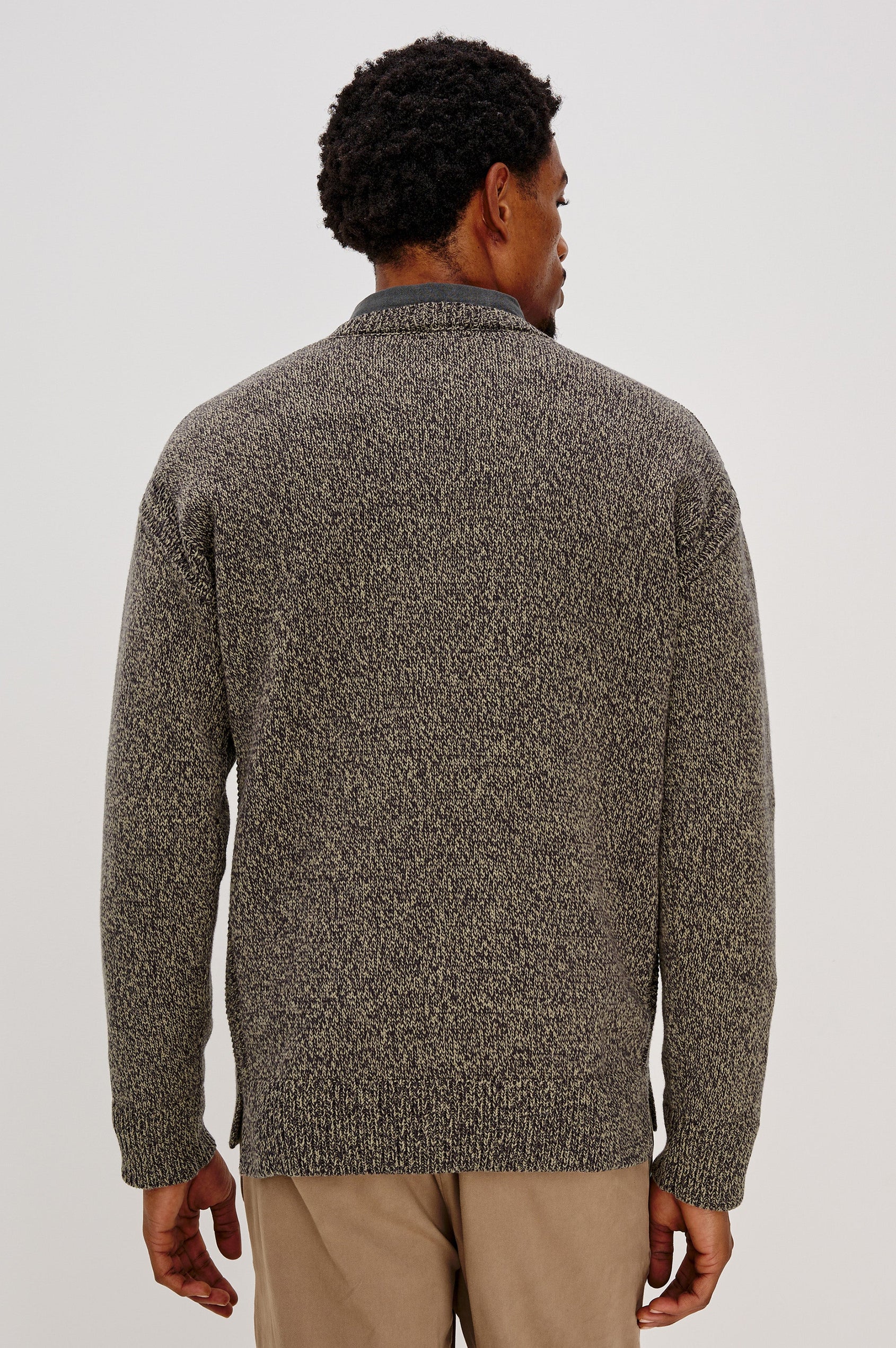 Bryce Long Sleeve Crewneck Sweater with Ribbed Collar and Cuffs in Navy Cedar Colorway. Back View Featured on Model.