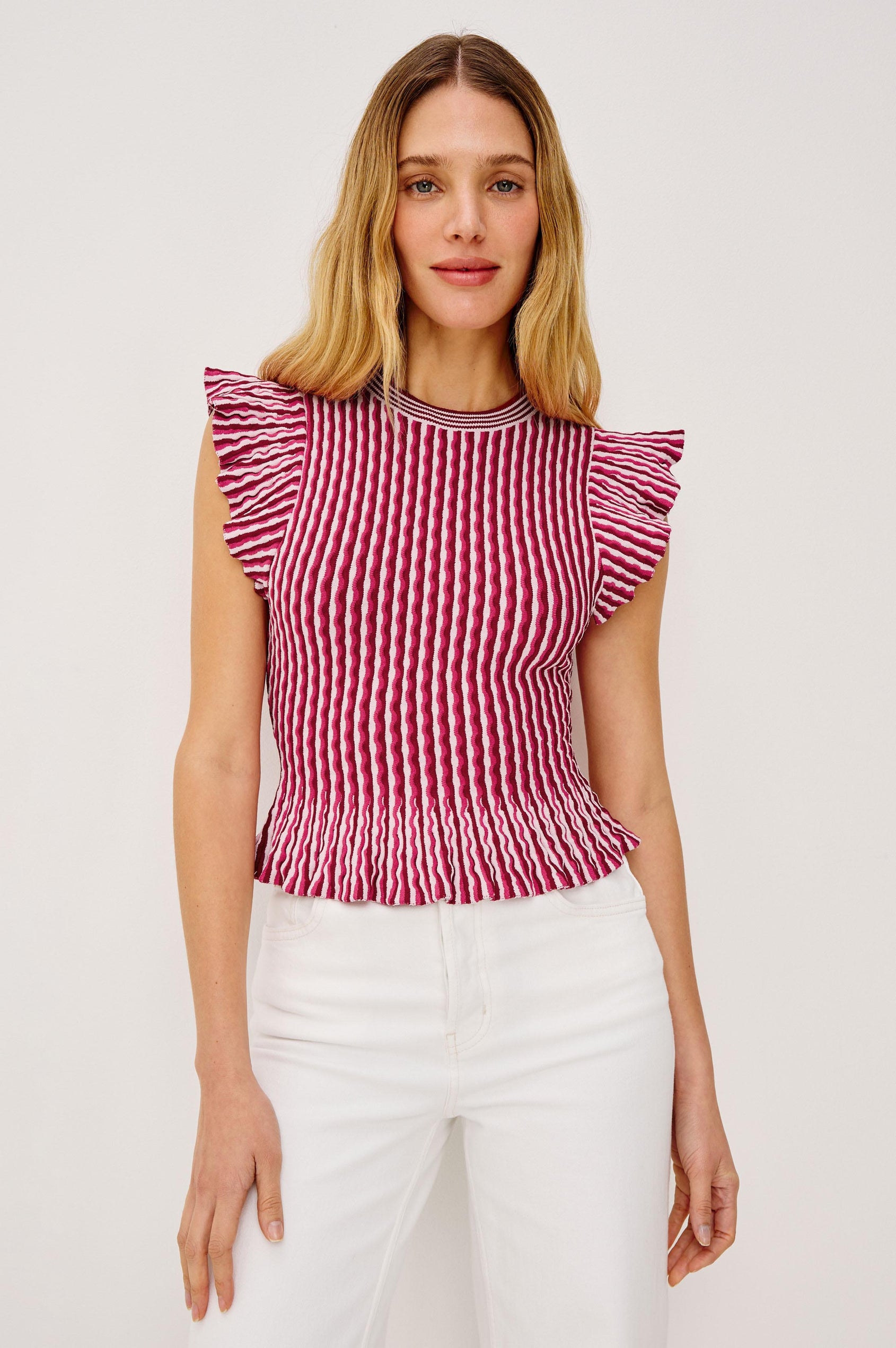 Bryn Fitted Top in Compact Stretch Knit With Flutter Sleeves, Ribbed Crew Neckline, and Peplum Hem in Berry Stripe Colorway - Upper Body Front View Featured on Model