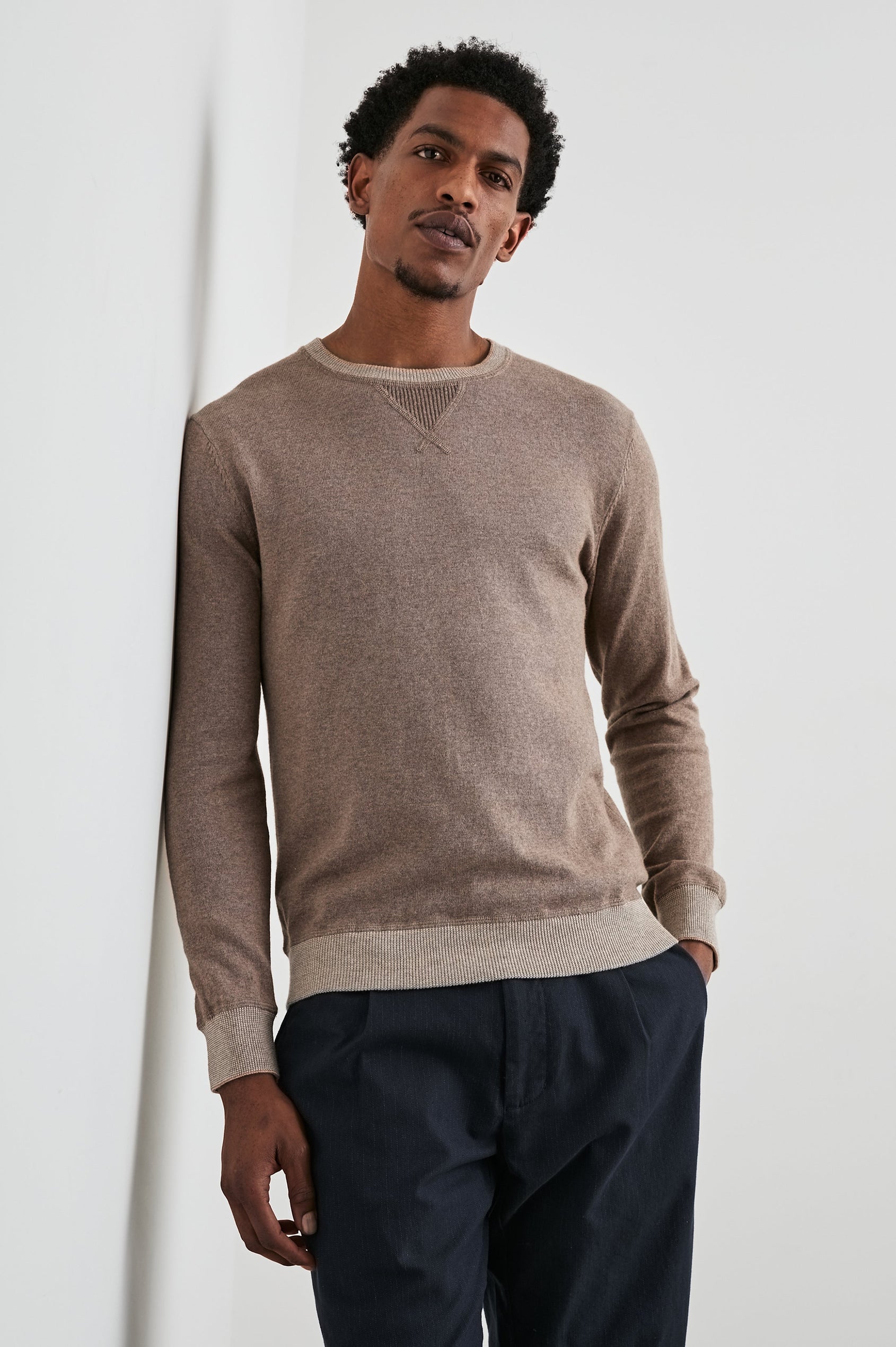 Burns Long-Sleeve Sweater with a Crew Collar and a Lighter Colored Ribbed Trim in Mocha Heather Colorway - Front View Featured on Model