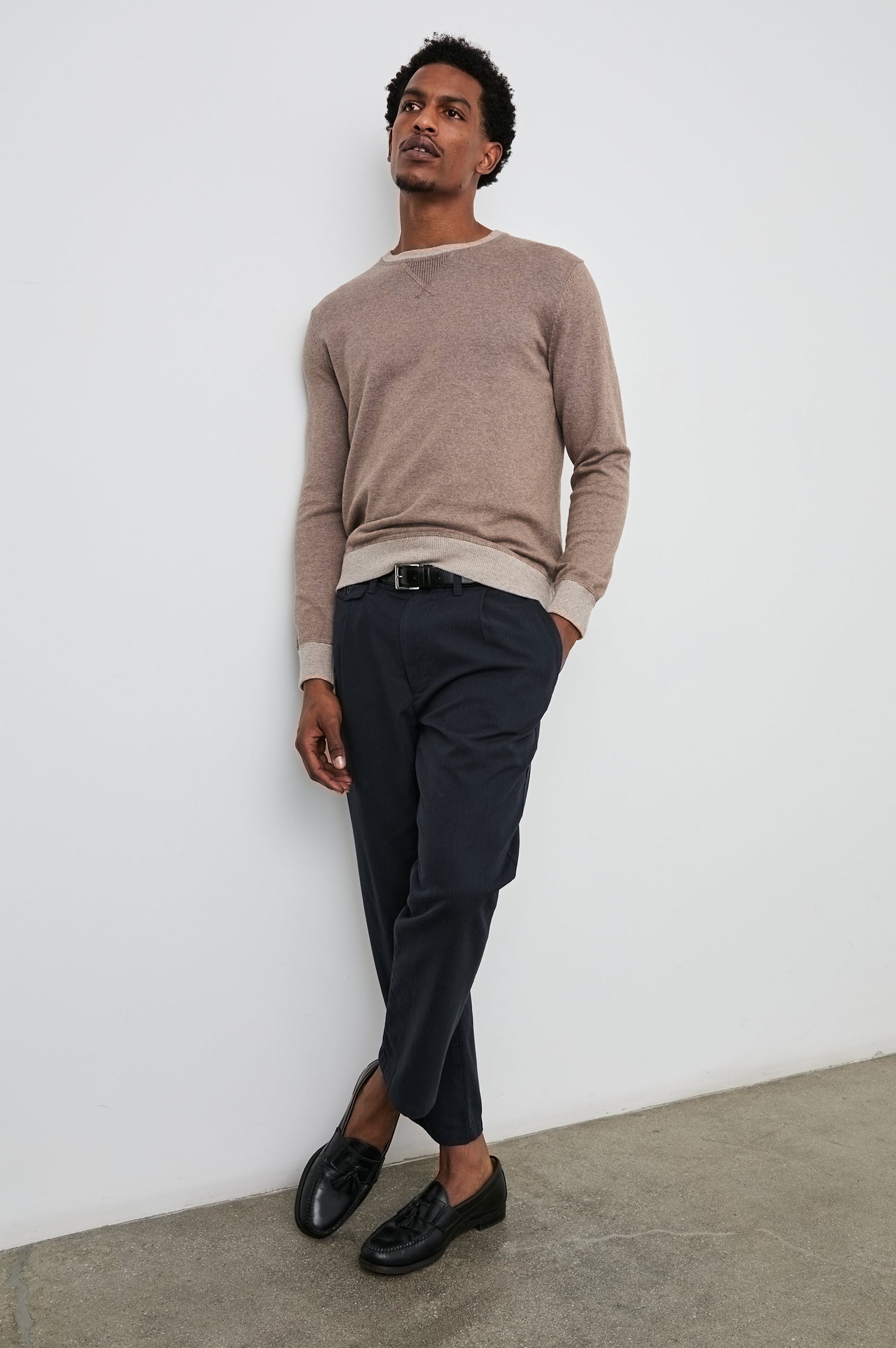 Burns Long-Sleeve Sweater with a Crew Collar and a Lighter Colored Ribbed Trim in Mocha Heather Colorway - Front Full Body View Featured on Model