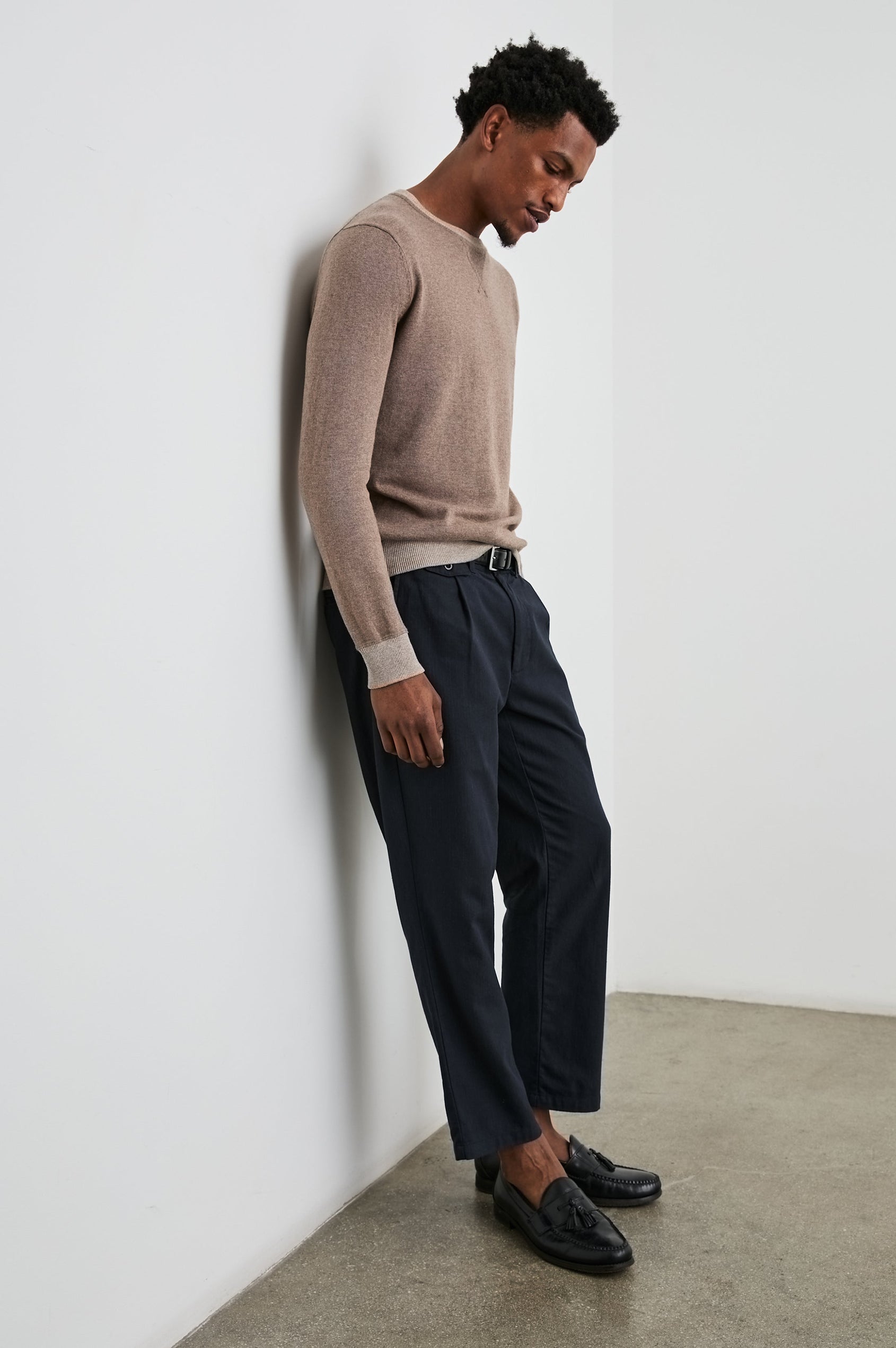Burns Long-Sleeve Sweater with a Crew Collar and a Lighter Colored Ribbed Trim in Mocha Heather Colorway - Front Full Body View Featured on Model