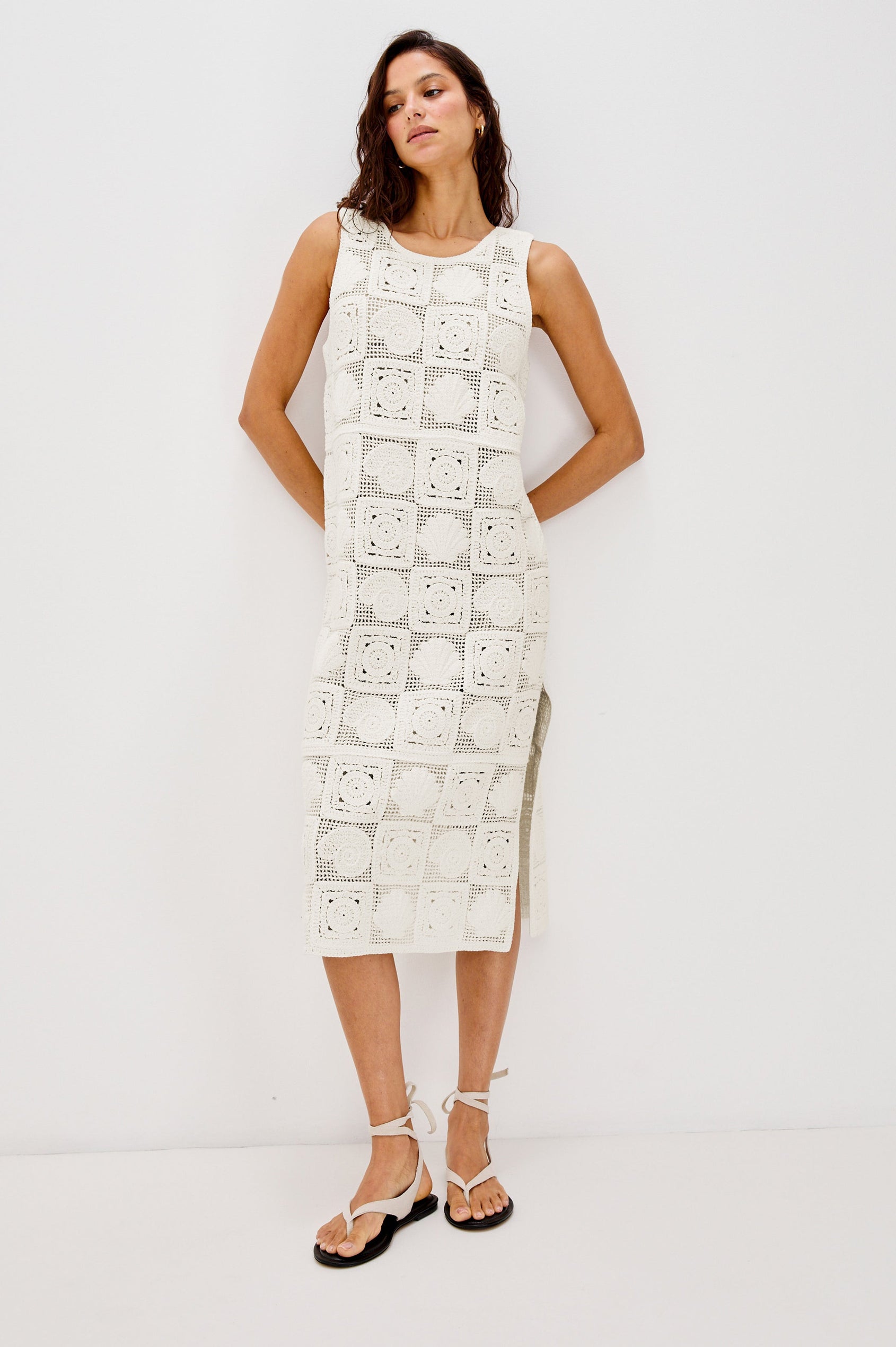 Calla Scoop Neck Tank Dress, Below-Knee Length with a Side Seam Slit in White Sea Shell Crochet Colorway. Full Body Front View Shown on Model.