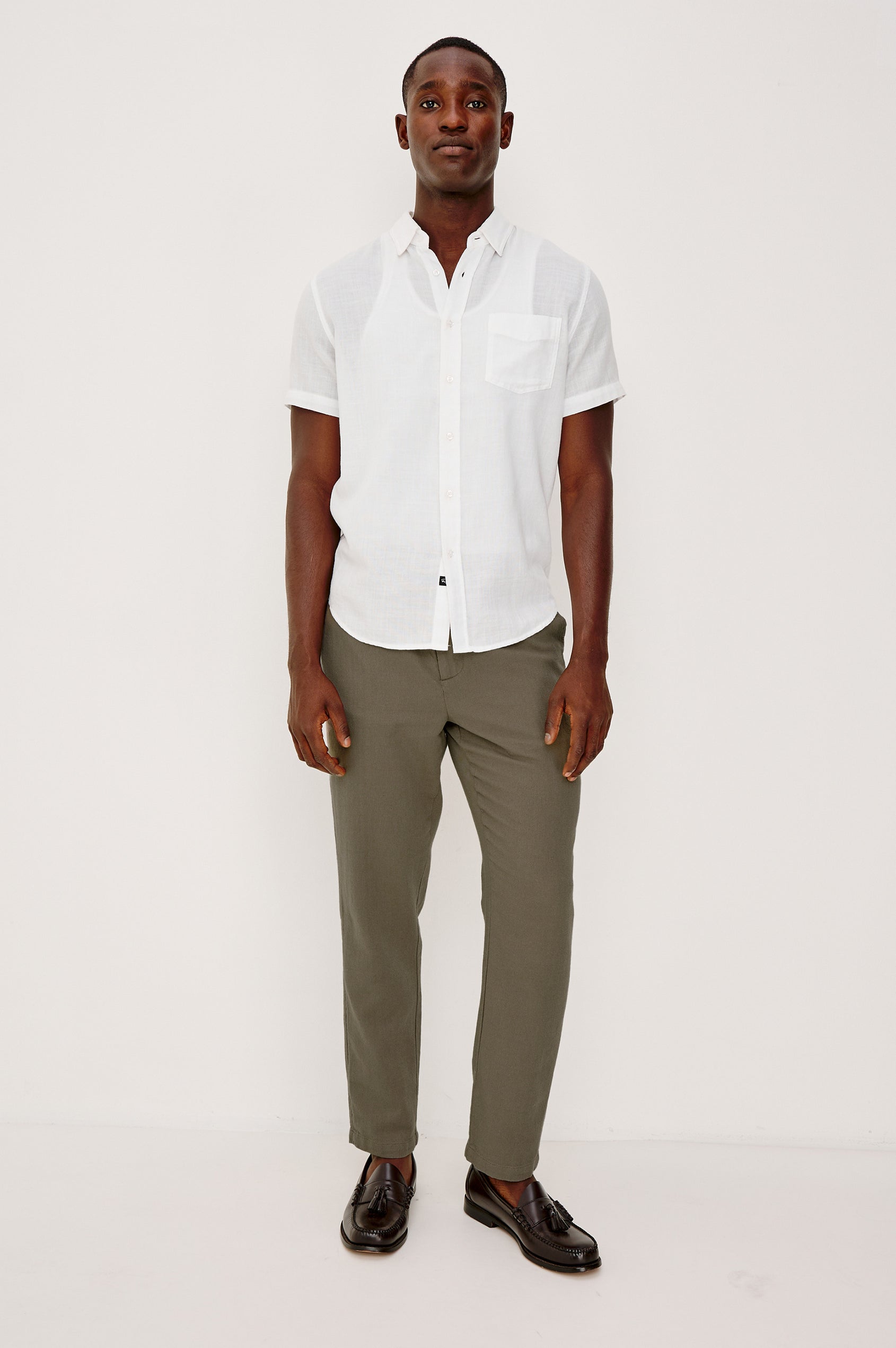 Callum Tapered Straight Leg Pant in Linen Twill With Adjustable Drawstring Waistband Ties in Fallen Rock Colorway - Full Body Front View Featured on Model