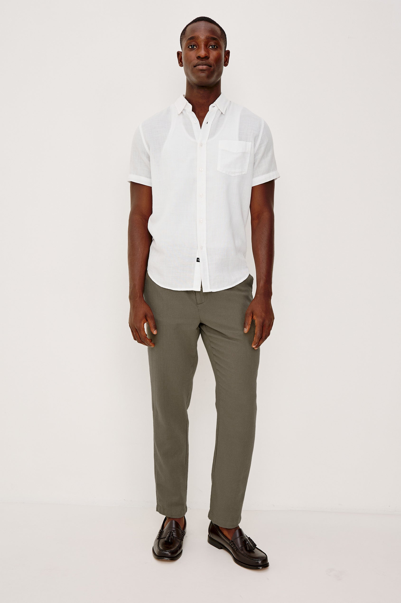 Callum Tapered Straight Leg Pant in Linen Twill With Adjustable Drawstring Waistband Ties in Fallen Rock Colorway - Full Body Front View Featured on Model