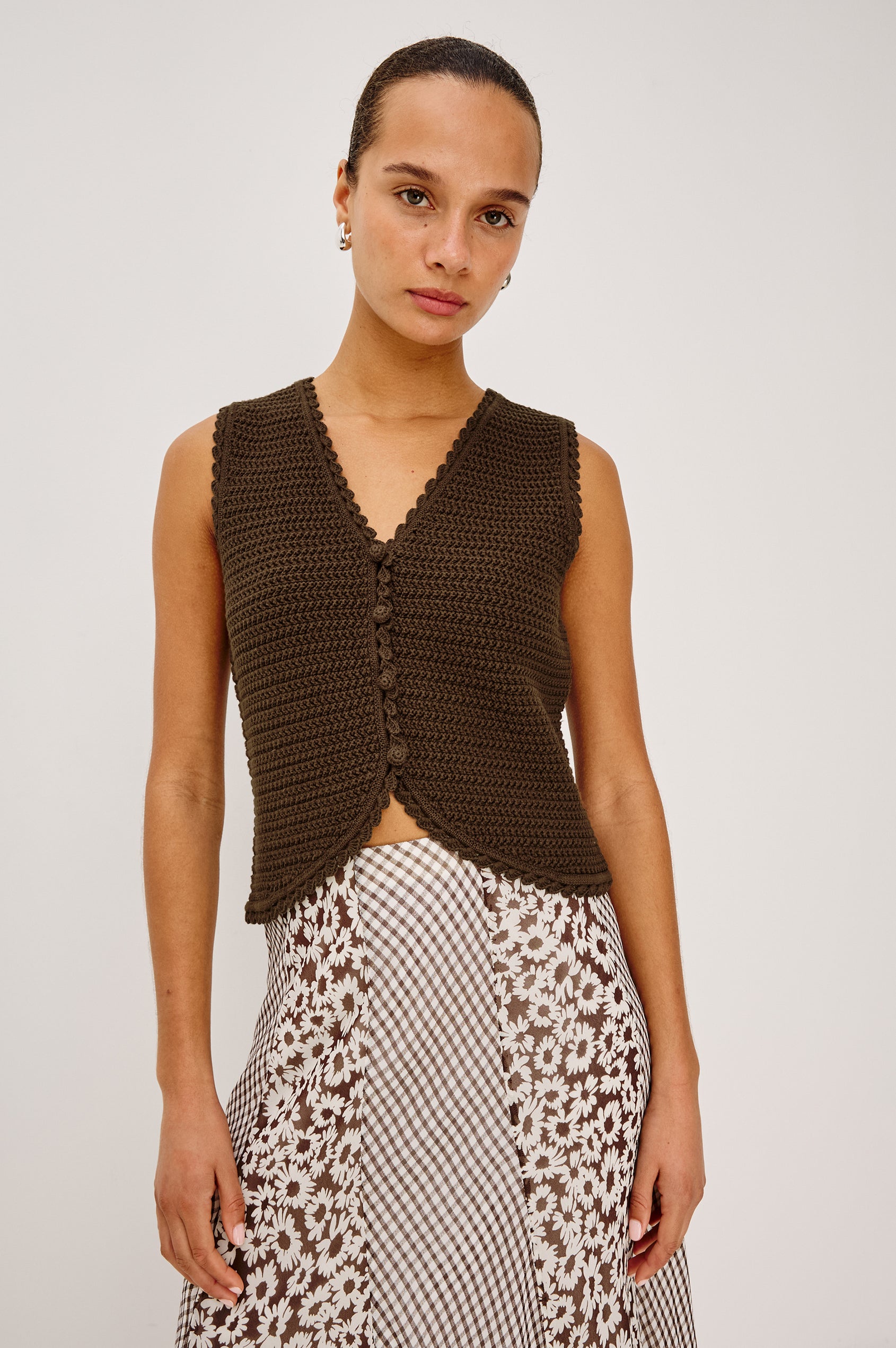 Calypso Knit Sleeveless Vest Top With Front Buttons and Relaxed Fit in Espresso Colorway - Upper Body Front View Featured on Model