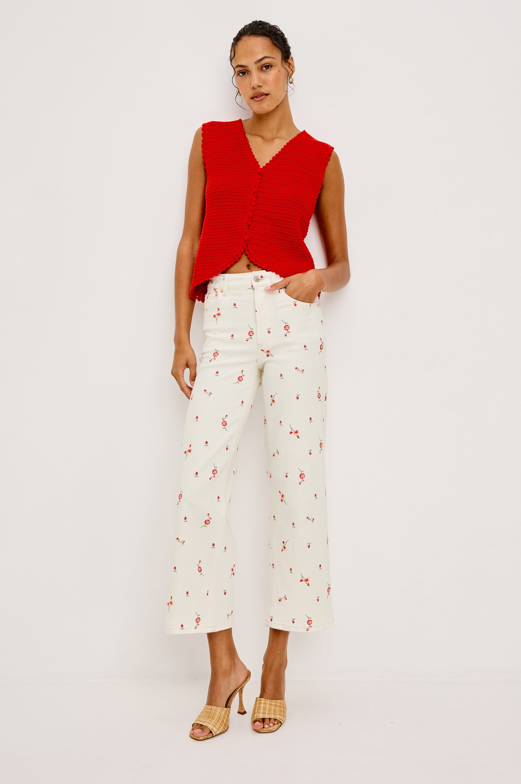 Calypso Knit Sleeveless Vest Top With Front Buttons and Relaxed Fit in Scarlet Colorway - Full Body Front View Featured on Model