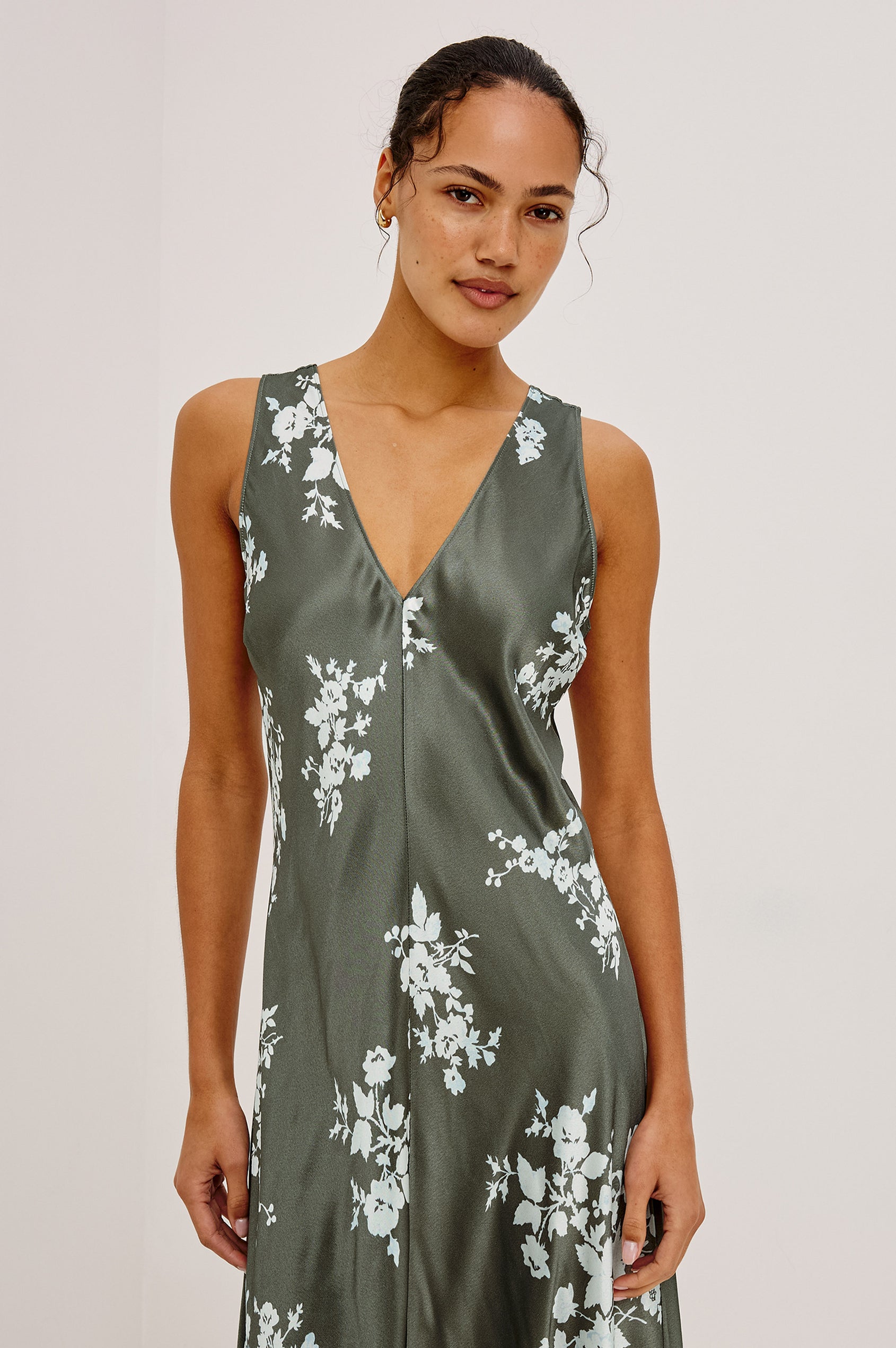 Camellia Midi Dress in Satin-Back Crepe With Bias Cut, Deep V-Neckline, and Wide Shoulder Straps in Lace Floral Colorway - Upper Body Front View Featured on Model