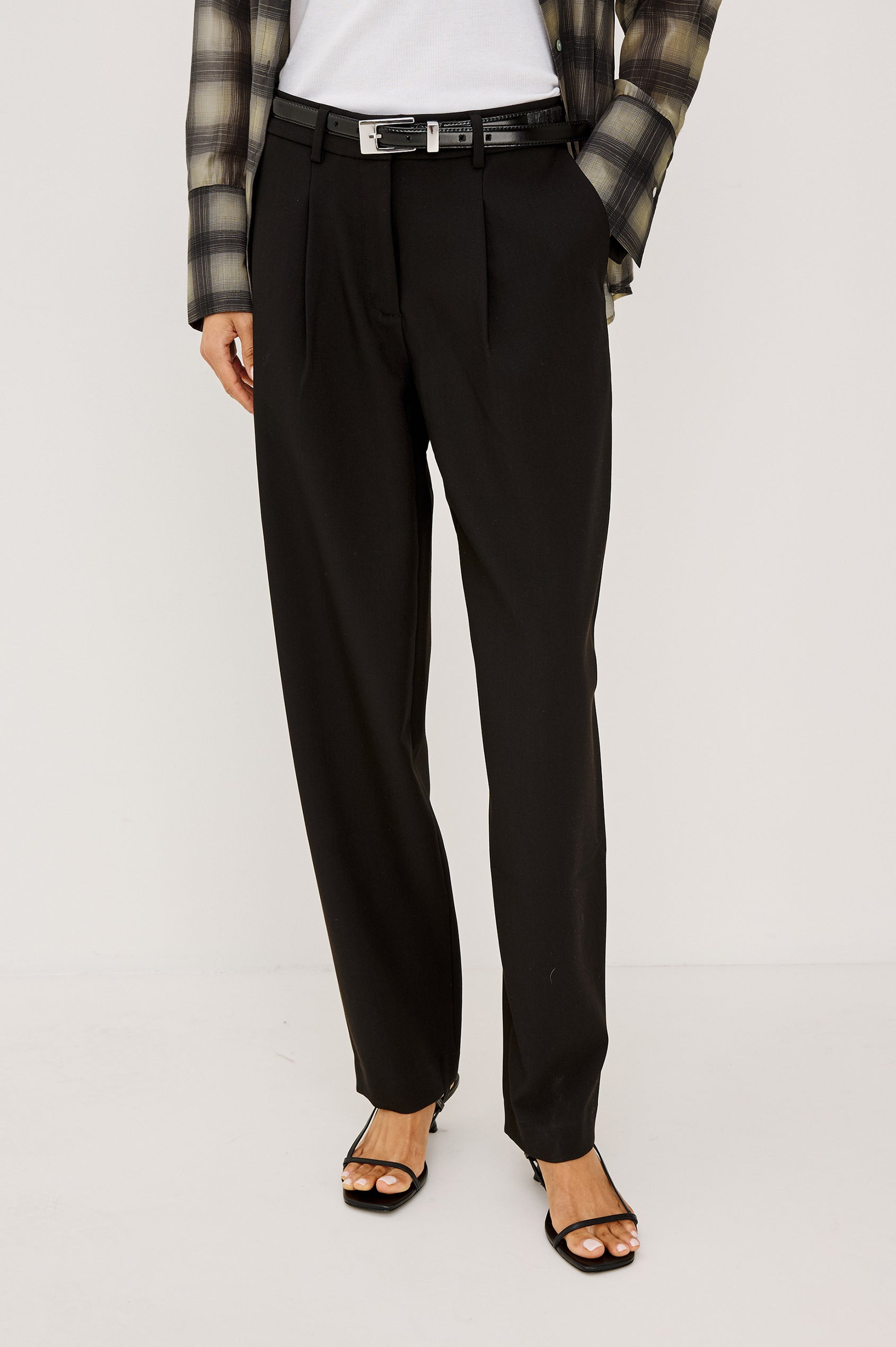 Cameron Pant in Springy Suiting Fabric With High-Rise, Pleated Barrel Legs That Taper, Side and Back Pockets, and Unlined in Black Colorway - Lower Body Front View Featured on Model