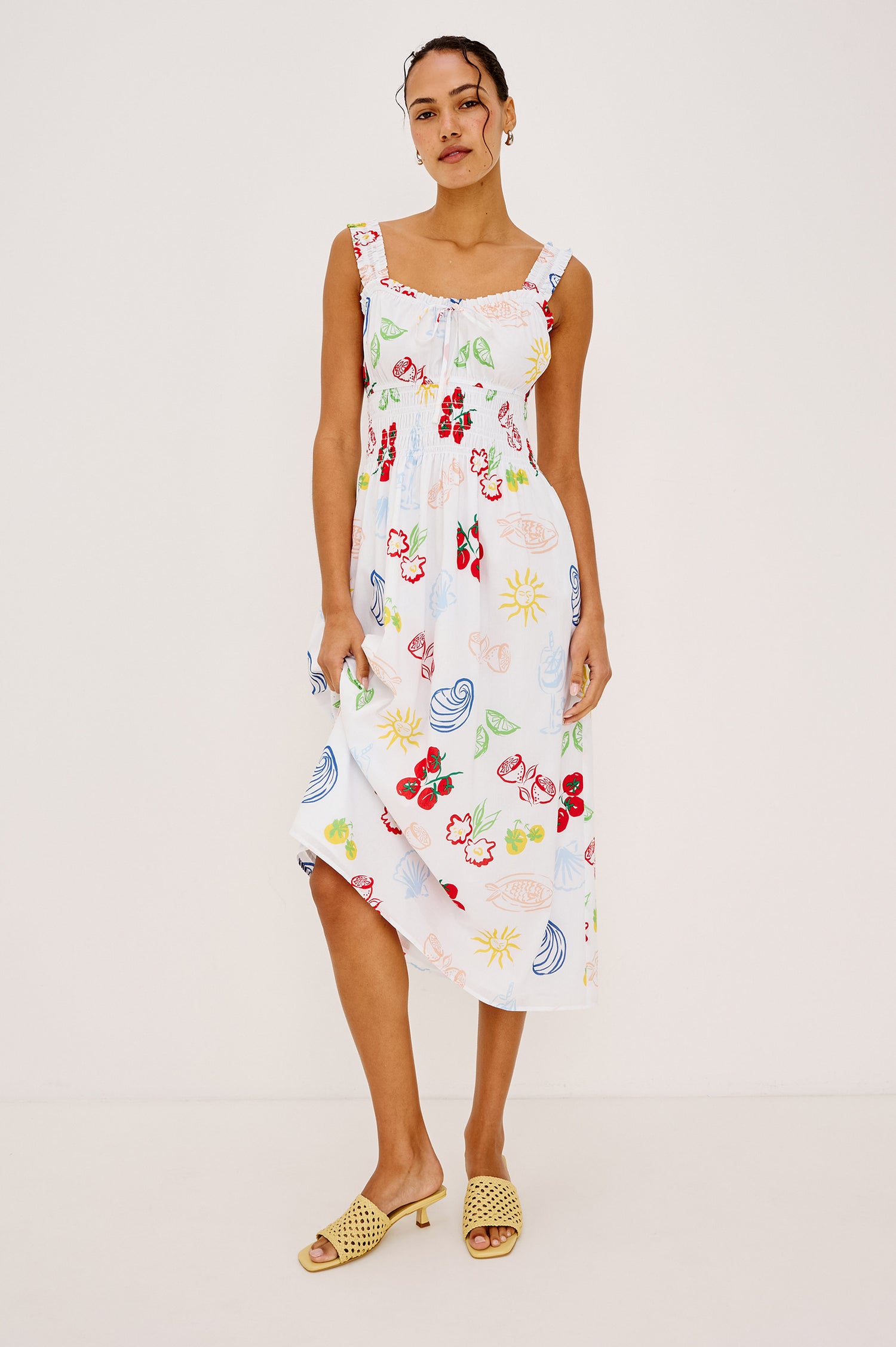 Capri Midi Dress in Cotton Poplin with Square Neckline, Ruched Bust and Center Ties, Smocked Shoulder Straps, Empire Waist, and Fully Lined A-Line Skirt in White Antipasti Colorway - Full Body Front View Featured on Model