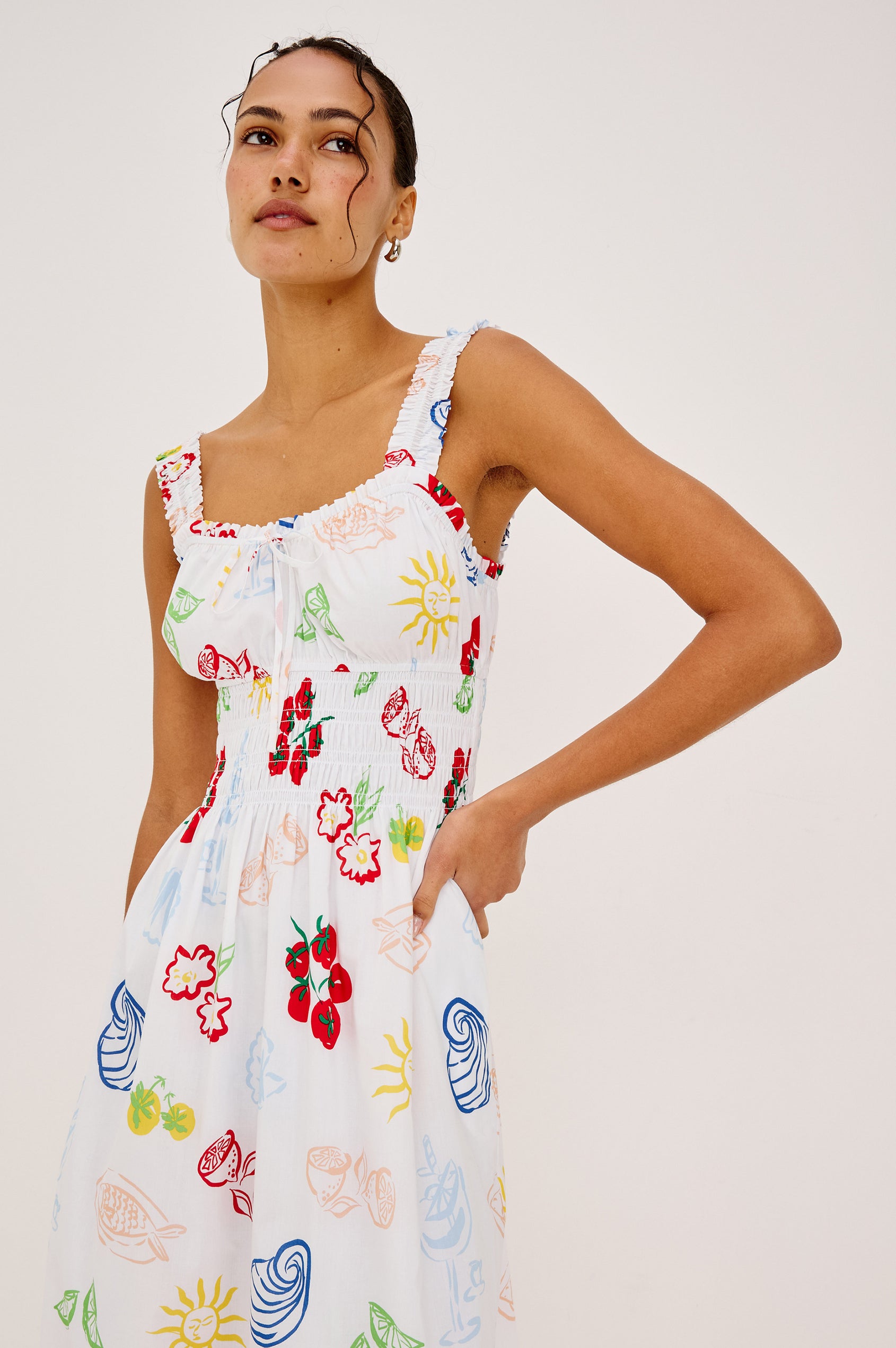 Capri Midi Dress in Cotton Poplin with Square Neckline, Ruched Bust and Center Ties, Smocked Shoulder Straps, Empire Waist, and Fully Lined A-Line Skirt in White Antipasti Colorway - Upper Body Front View Featured on Model