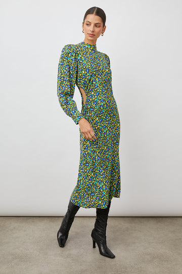 CARMEL DRESS ABSTRACT GARDEN - FRONT FULL BODY IN MOTION