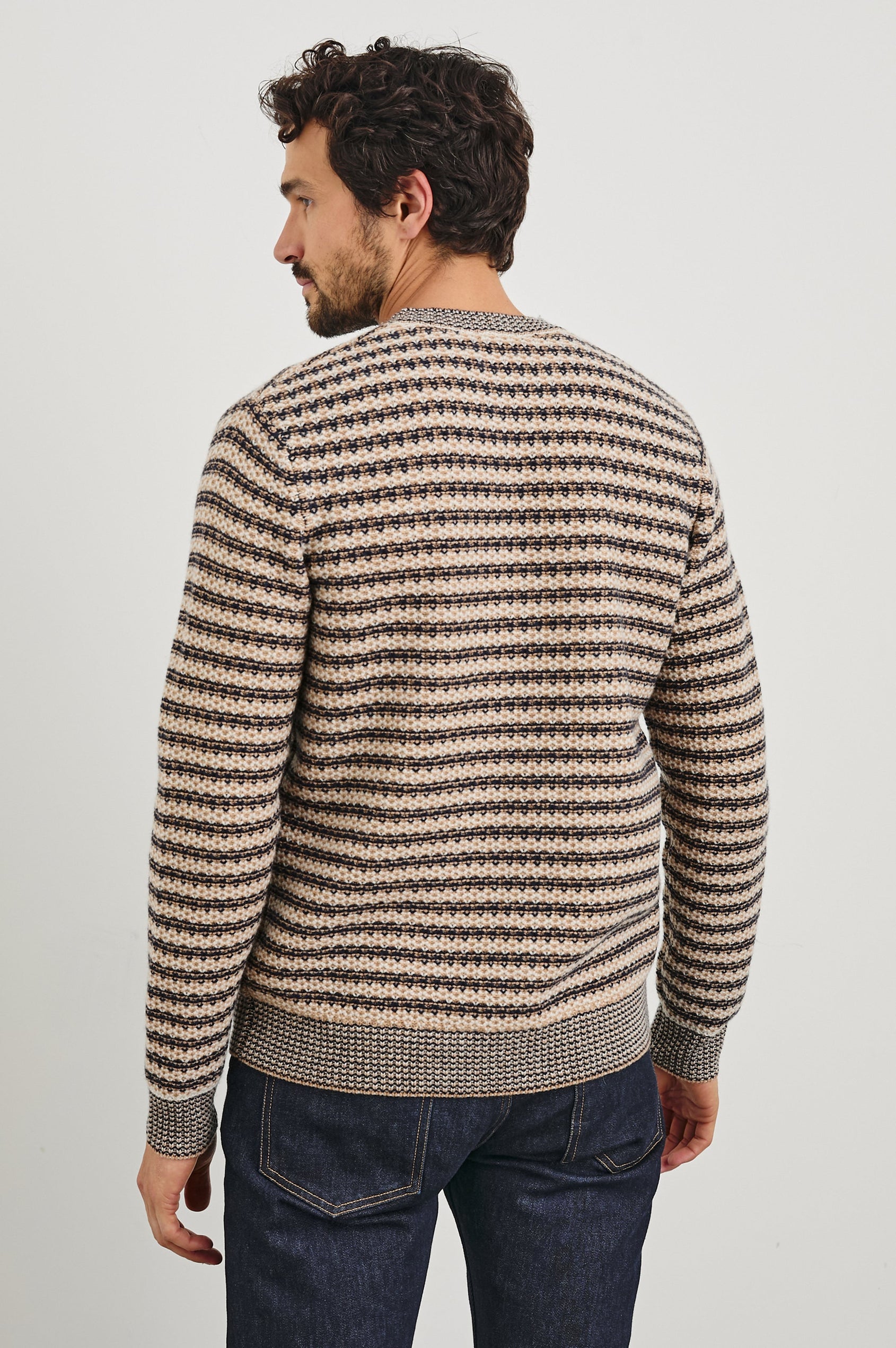 Carrick Long-Sleeve Sweater with a Crew Neck, Honeycomb Stitch, and Ribbed Trim in Navy Oat Stripe Colorway, Horizontal stripes - Back View Featured on Model