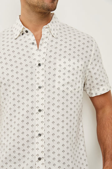 Carson linen short sleeve button down with a collar in Small Batik White - close up of details