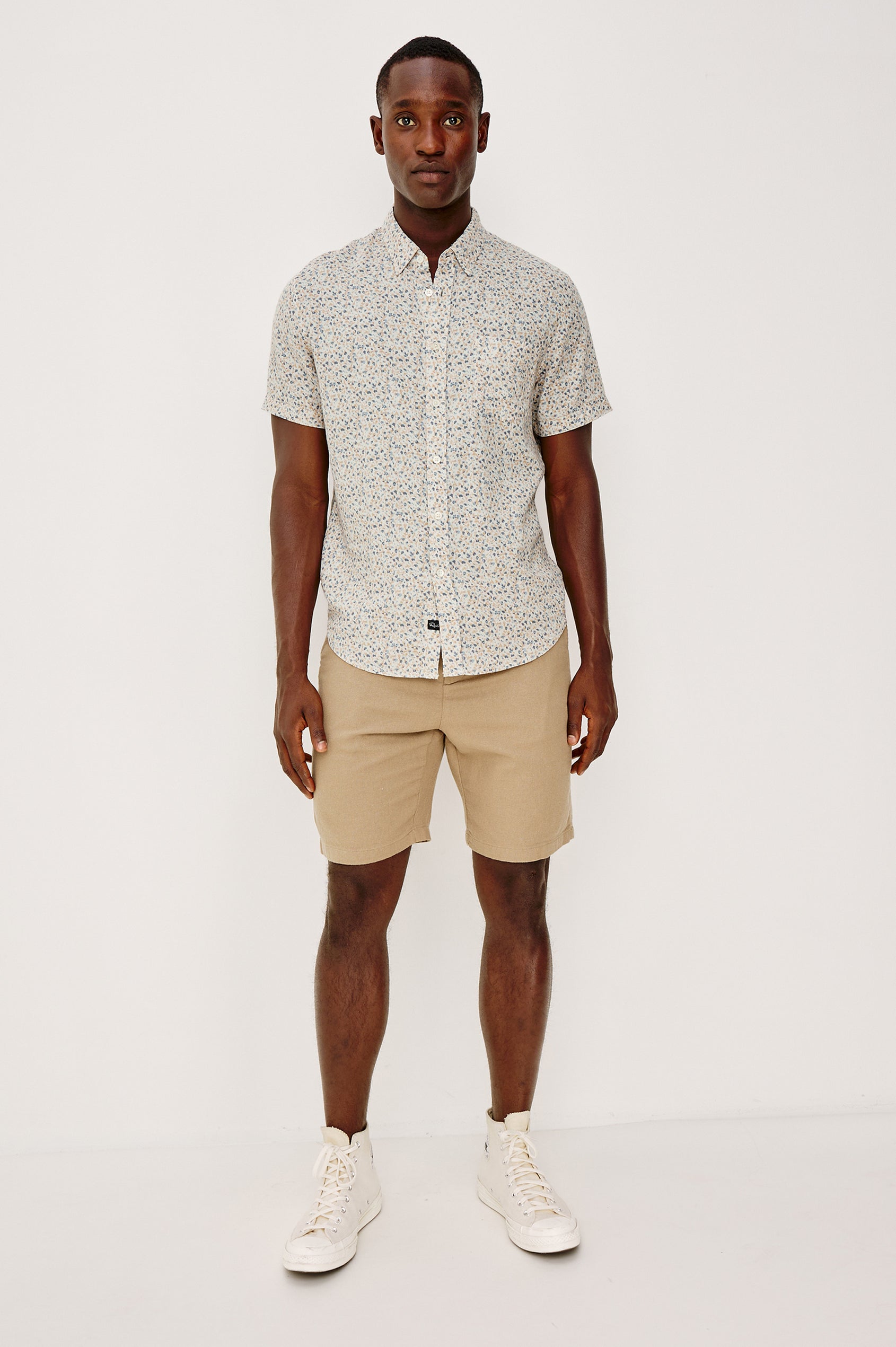 Carson Button Front Shirt in Linen Blend With Collar, Short Sleeves, Chest Patch Pocket, and Classic Fit in Spring Blossom Parchment Colorway - Full Body Front View Featured on Model