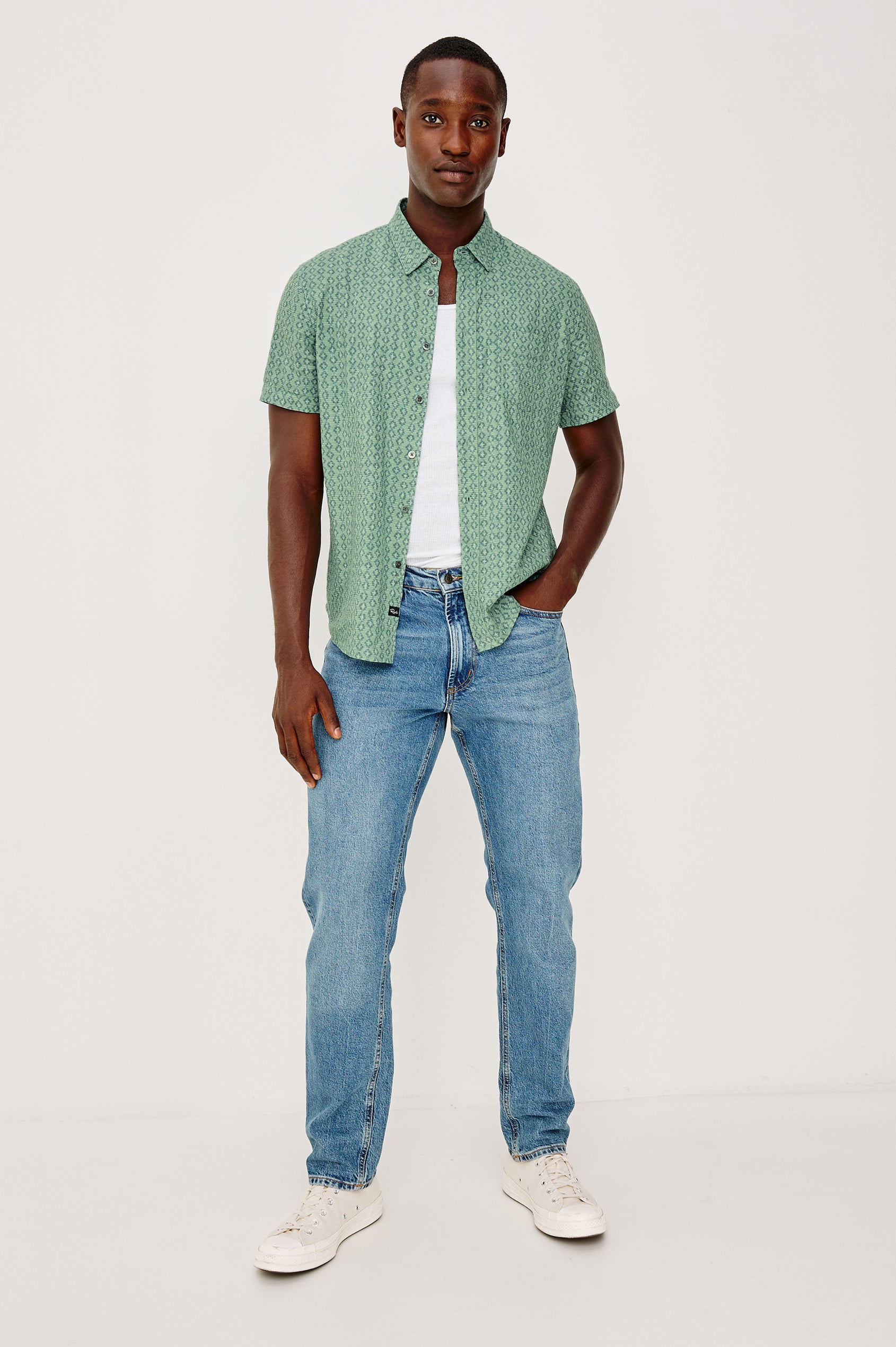 Carson Button Front Shirt in Linen Blend With Collar, Short Sleeves, Chest Patch Pocket, and Classic Fit in Batik Aqua Colorway - Full Body Front View Featured on Model