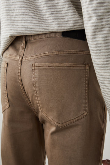 Carver Pants with Belt Loops, Two Front Pockets plus a Coin Pocket and Two Back Patch Pockets in Cacao Colorway - Back View Featured on Model