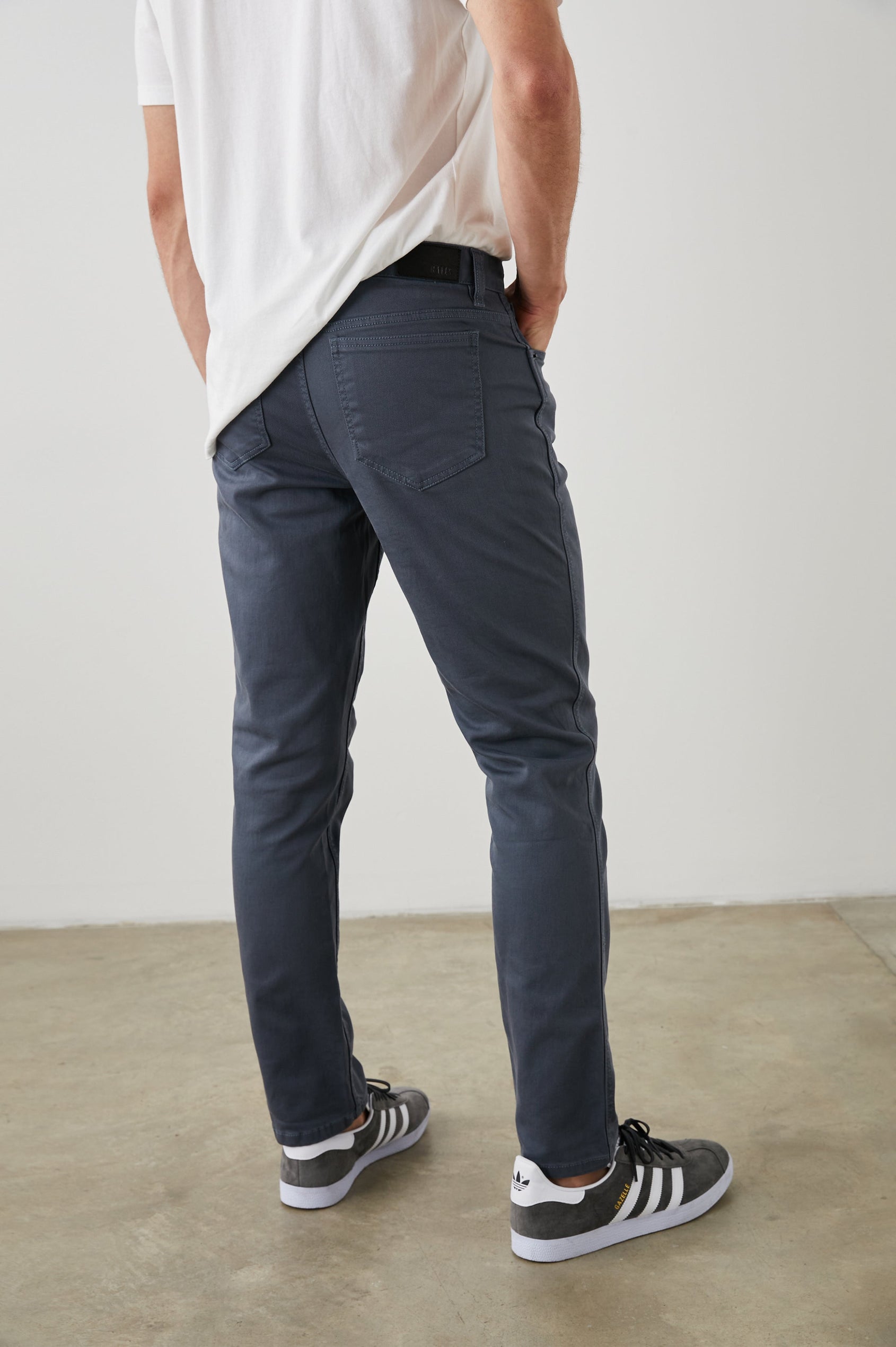 Carver Pants with Belt Loops, Two Front Pockets plus a Coin Pocket and Two Back Patch Pockets in Ensign Blue Colorway - Back View Featured on Model