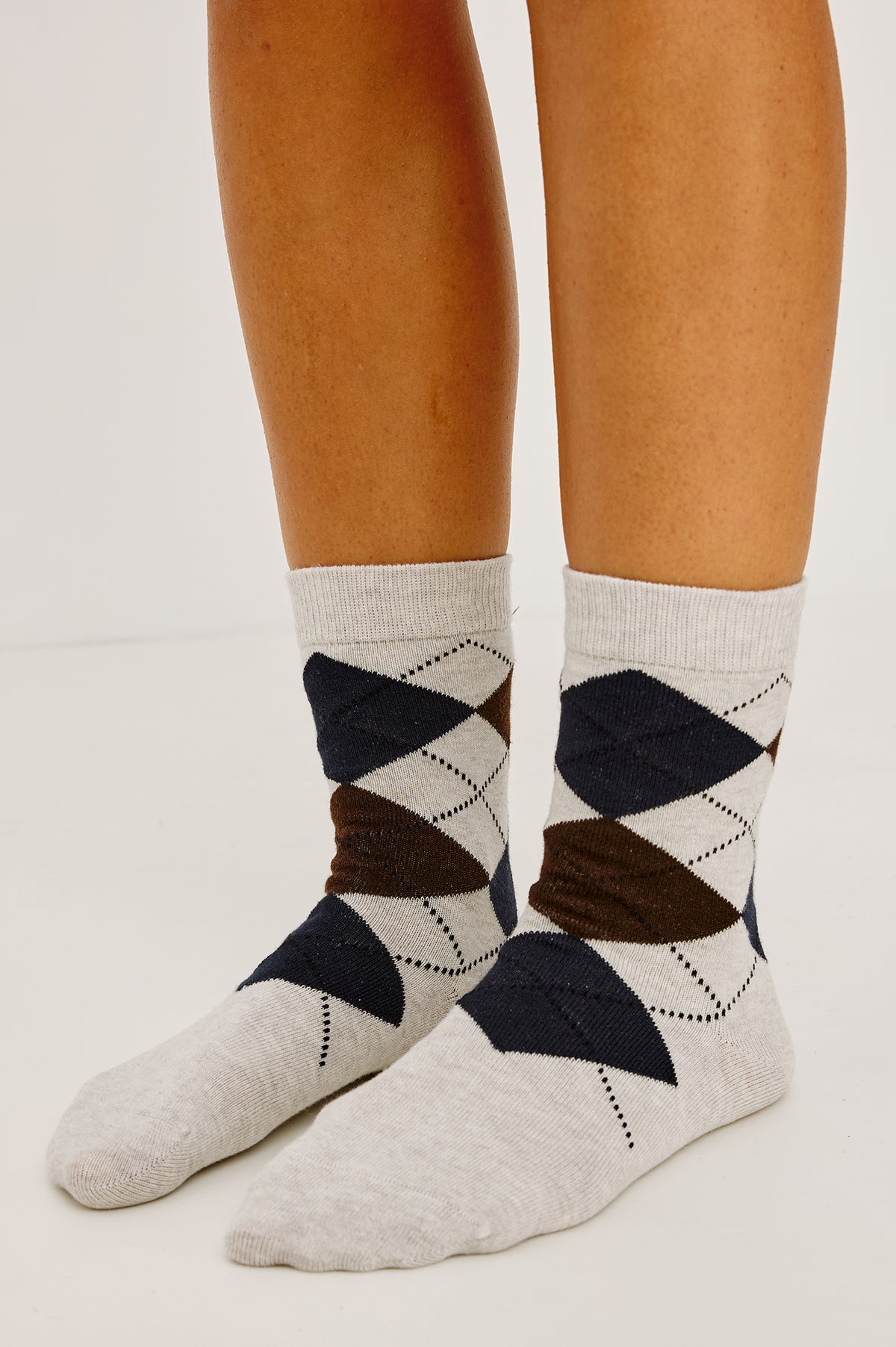 Cashmere Crew Socks in Soft Cotton-Cashmere Blend With Ribbed Cuffs in Navy Cedar Argyle Colorway - Upper Body Front Detail View Featured on Model.