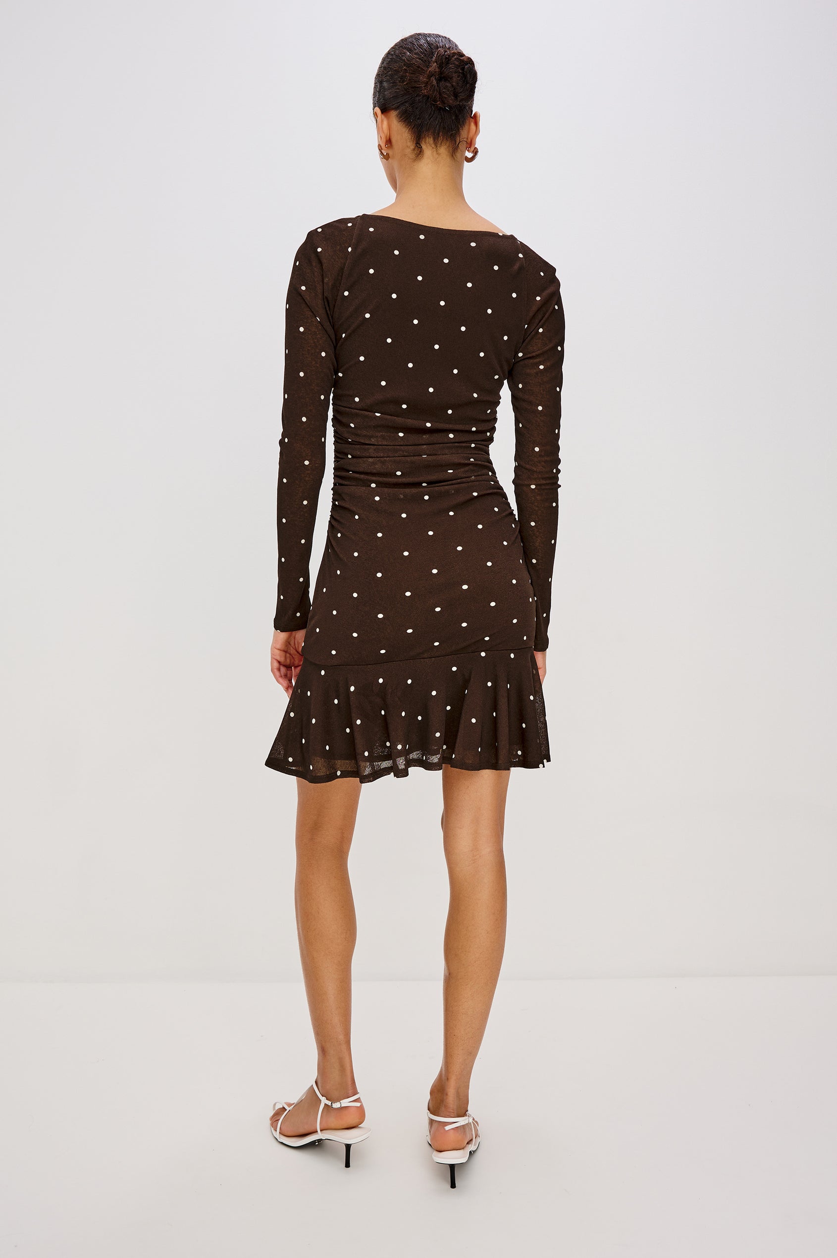 Celano Mini Dress in Mesh With Asymmetrical Cowl Neckline, Long Raglan Sleeves, Waist Shirring, Bias Cut Skirt in Cocoa Polka Dots Colorway - Full Body Back View Featured on Model