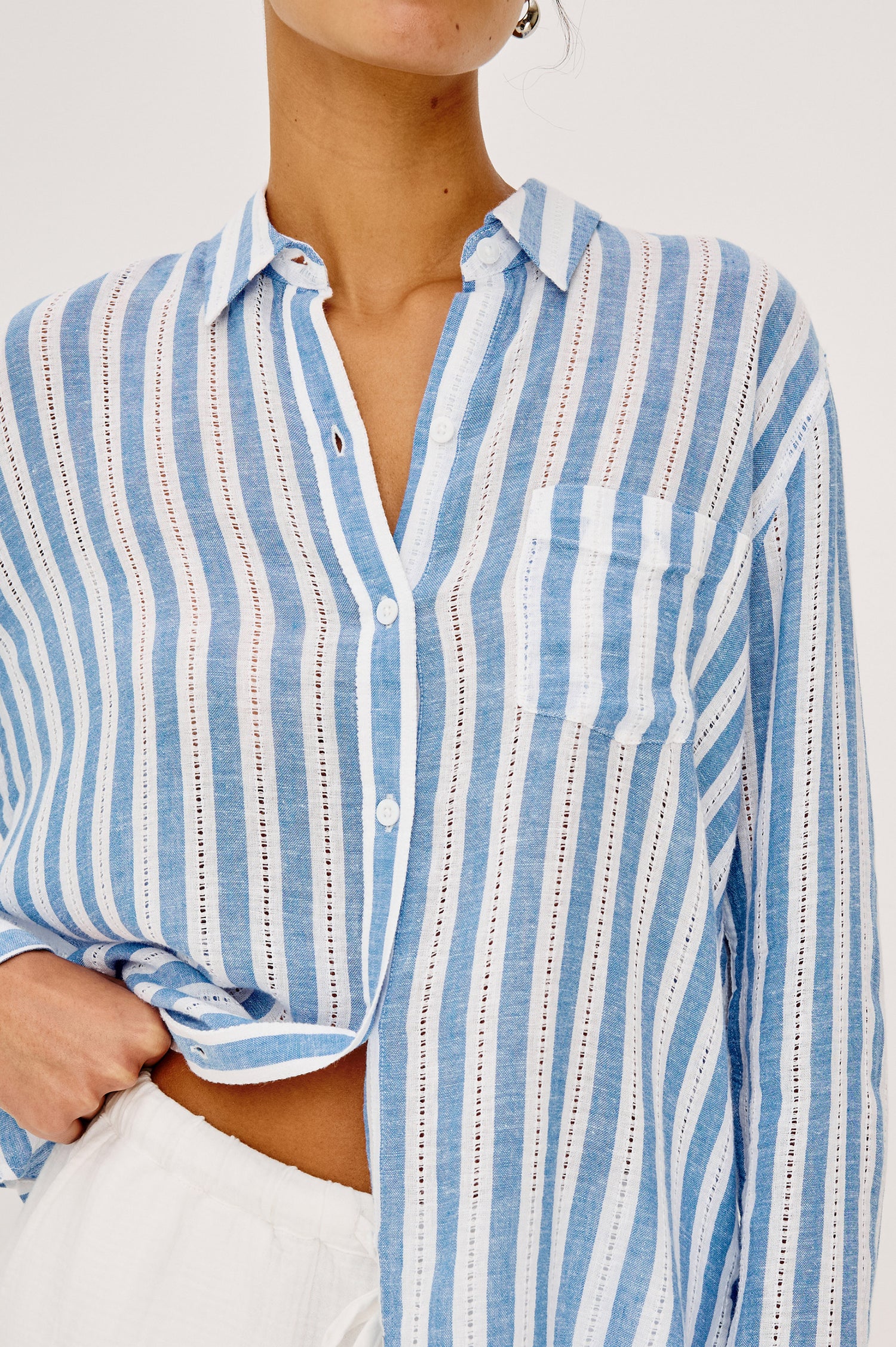 Charli Button-Up Shirt in Linen Blend With Collar Long Sleeves Single Chest Patch Pocket in White and Blue Stripes - Upper Body Front View Zoomed In Featured on Model
