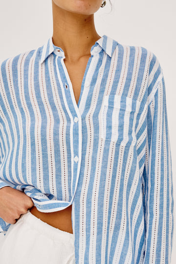Charli Button-Up Shirt in Linen Blend With Collar Long Sleeves Single Chest Patch Pocket in White and Blue Stripes - Upper Body Front View Zoomed In Featured on Model
