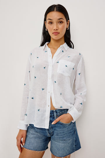 Charli Button-Up Shirt in Eco-Friendly Linen Blend With Collar Long Sleeves Single Chest Patch Pocket in Bluebell Carnations Colorway - Upper Body Front View Featured on Model