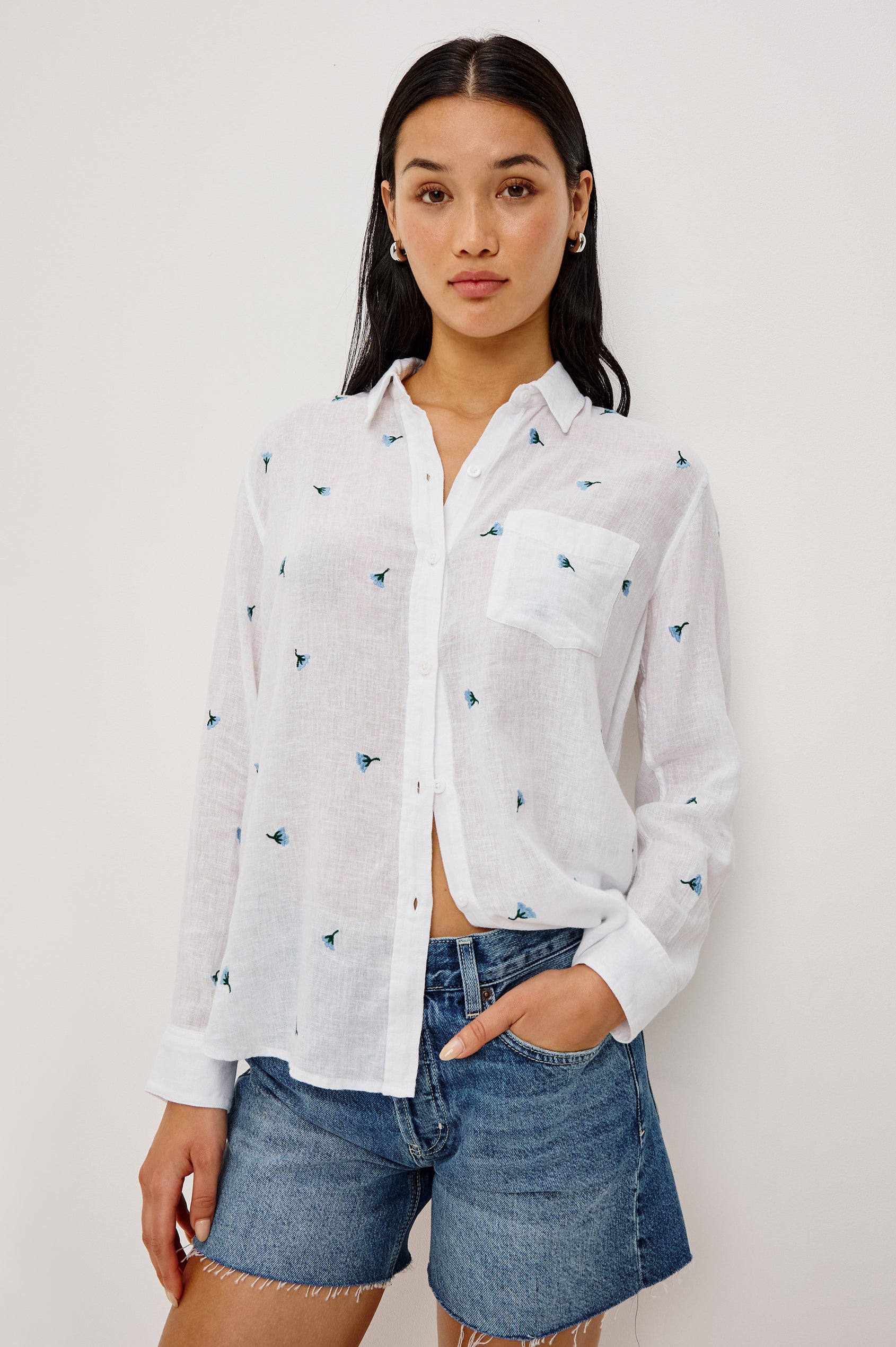 Charli Button-Up Shirt in Eco-Friendly Linen Blend With Collar Long Sleeves Single Chest Patch Pocket in Bluebell Carnations Colorway - Upper Body Front View Featured on Model