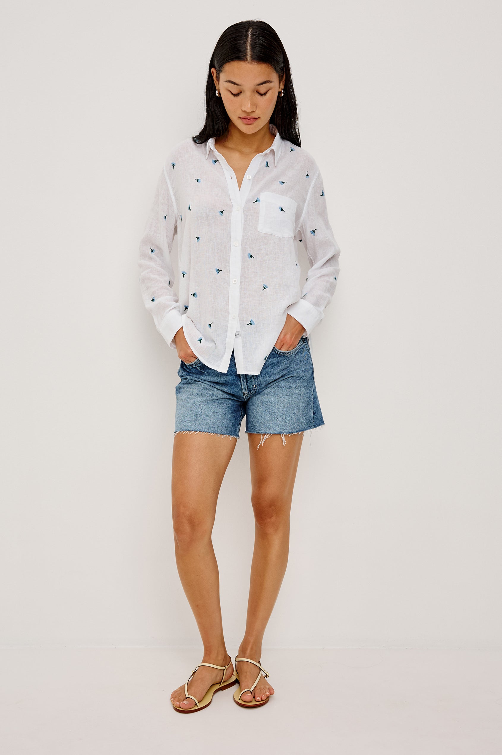 Charli Button-Up Shirt in Eco-Friendly Linen Blend With Collar Long Sleeves Single Chest Patch Pocket in Bluebell Carnations Colorway - Full Body Front View Featured on Model