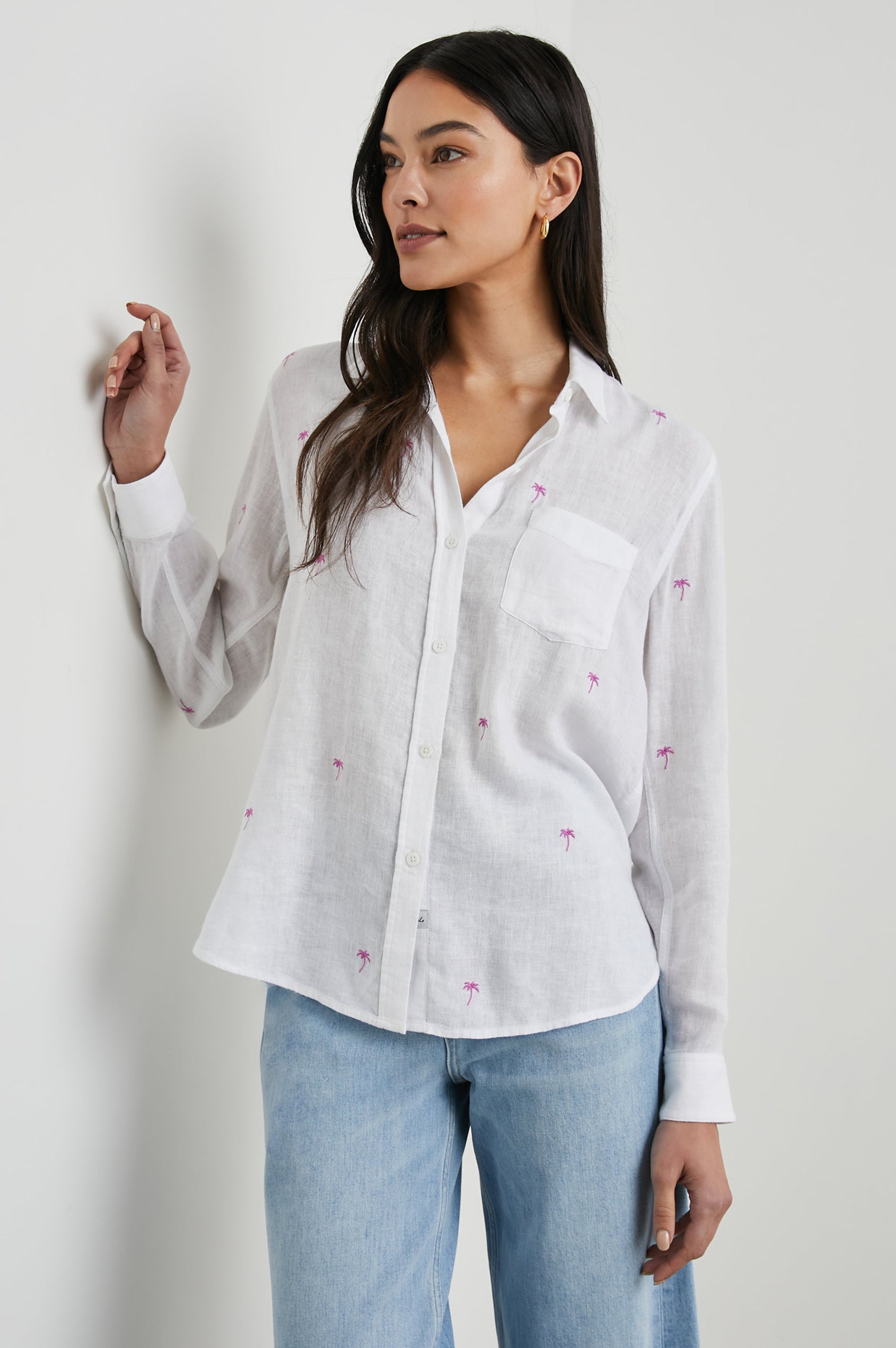 Charli Long-Sleeve Button up with a Chest Patch Pocket in Fuchsia Embroidered Palms Colorway, with small pink palm trees on ivory - Front View Featured on Model