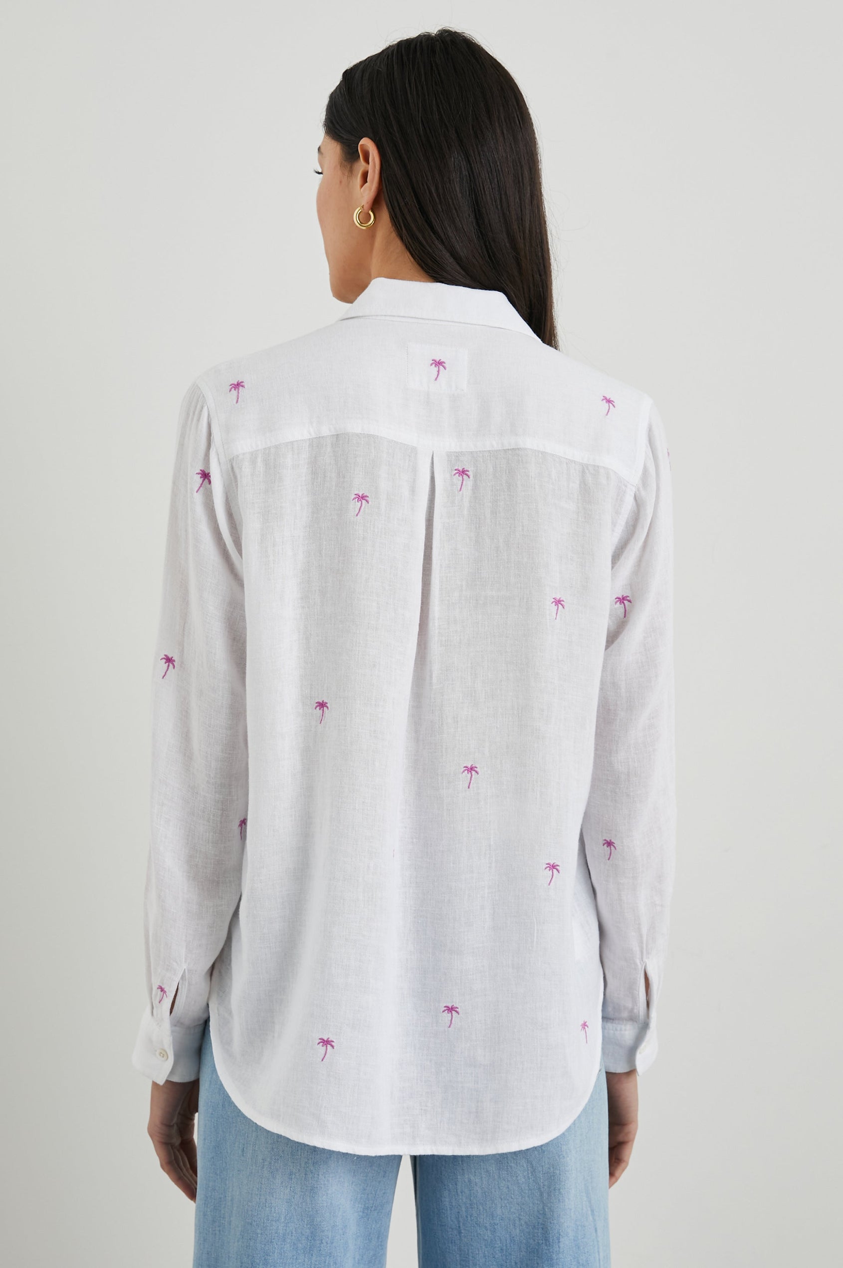Charli Long-Sleeve Button up with a Chest Patch Pocket in Fuchsia Embroidered Palms Colorway, with small pink palm trees on ivory - Back View Featured on Model
