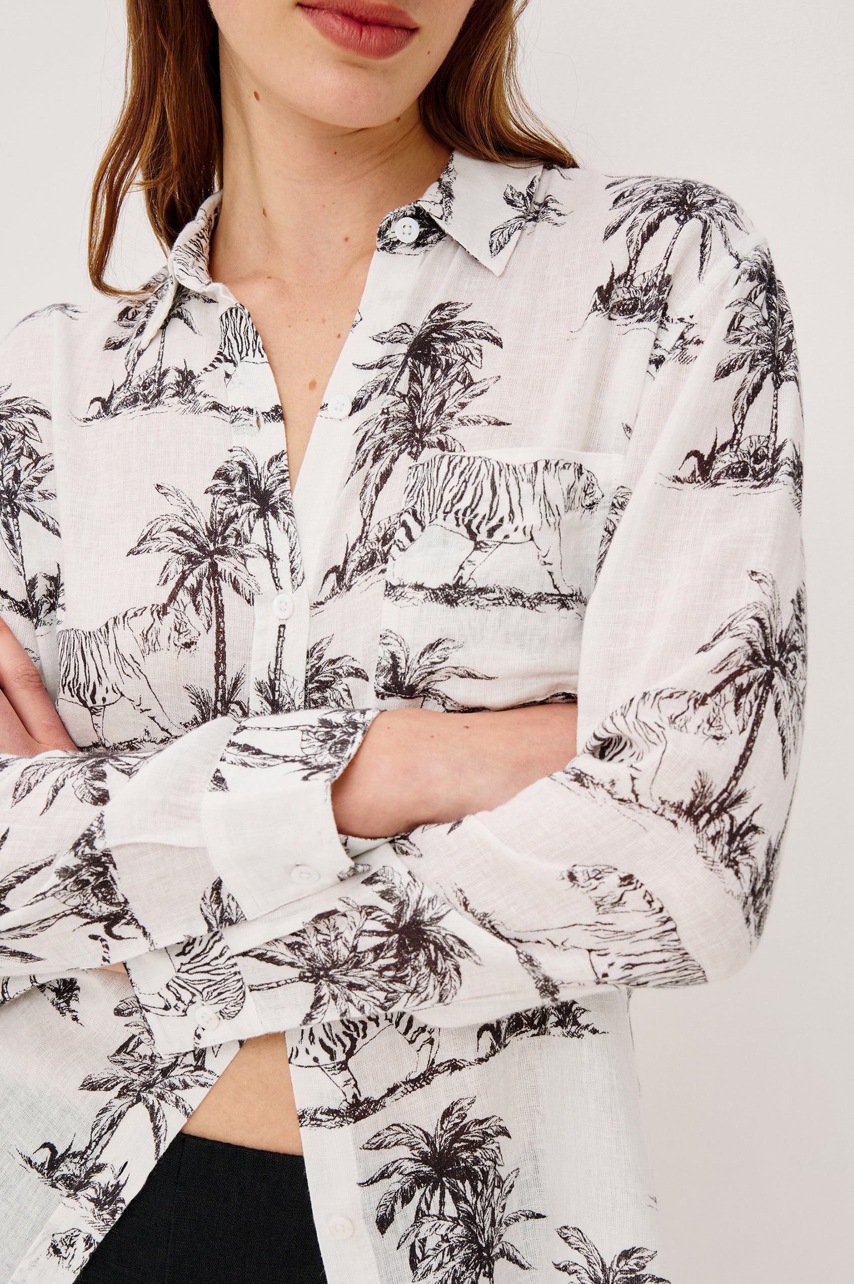 Charli Button-Up Shirt in Eco-Friendly Linen Blend With Collar Long Sleeves Single Chest Patch Pocket in Ivory Bengal Colorway - Upper Body Close Up View Featured on Model