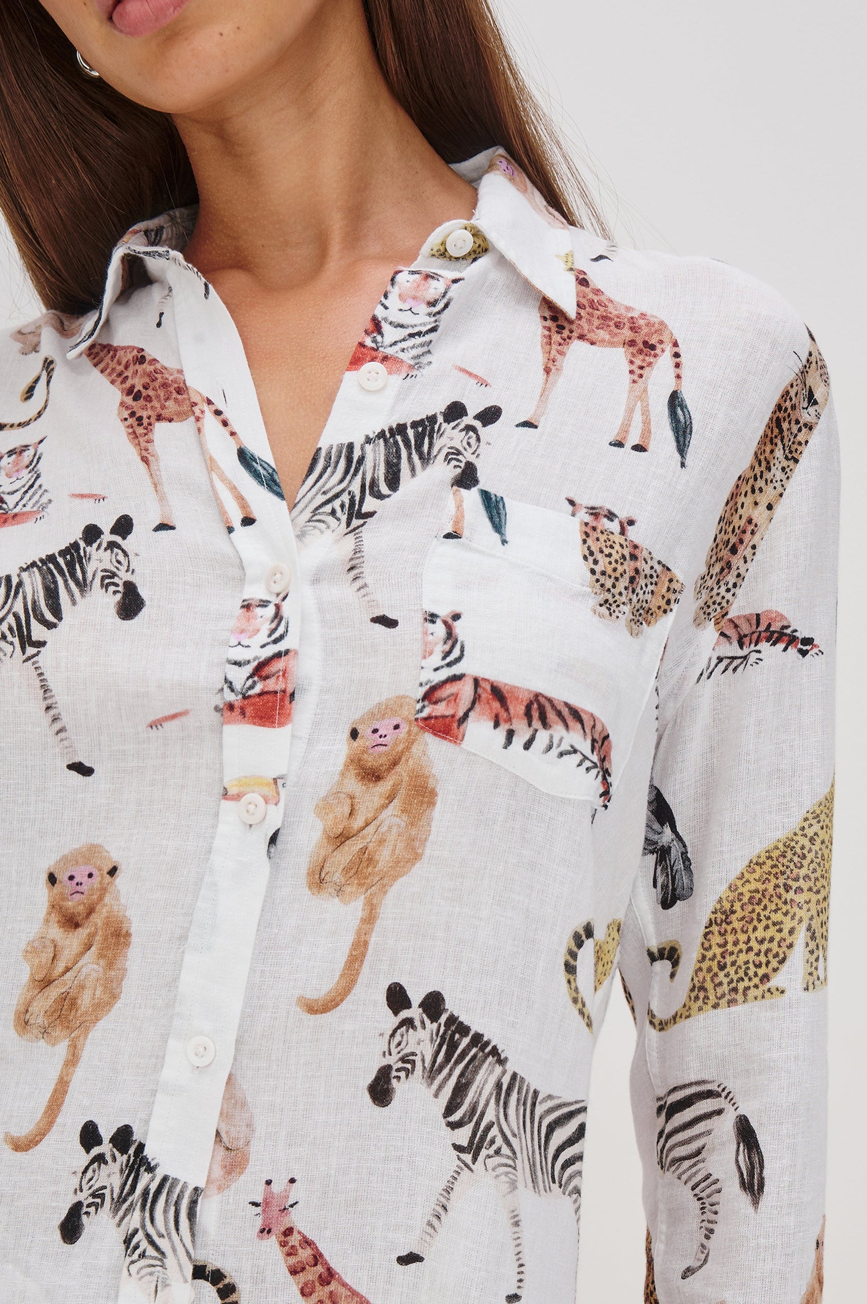 Charli Collared Button Front Shirt with Long Sleeves and a Front Chest Pocket in Jungle Animals Colorway. Front Detail View Shown on Model.